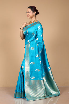 Blue Blended Blended Silk Saree with Blouse Piece
