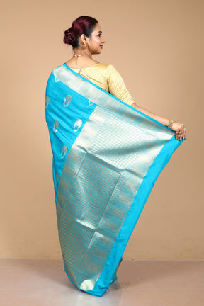 Blue Blended Blended Silk Saree with Blouse Piece