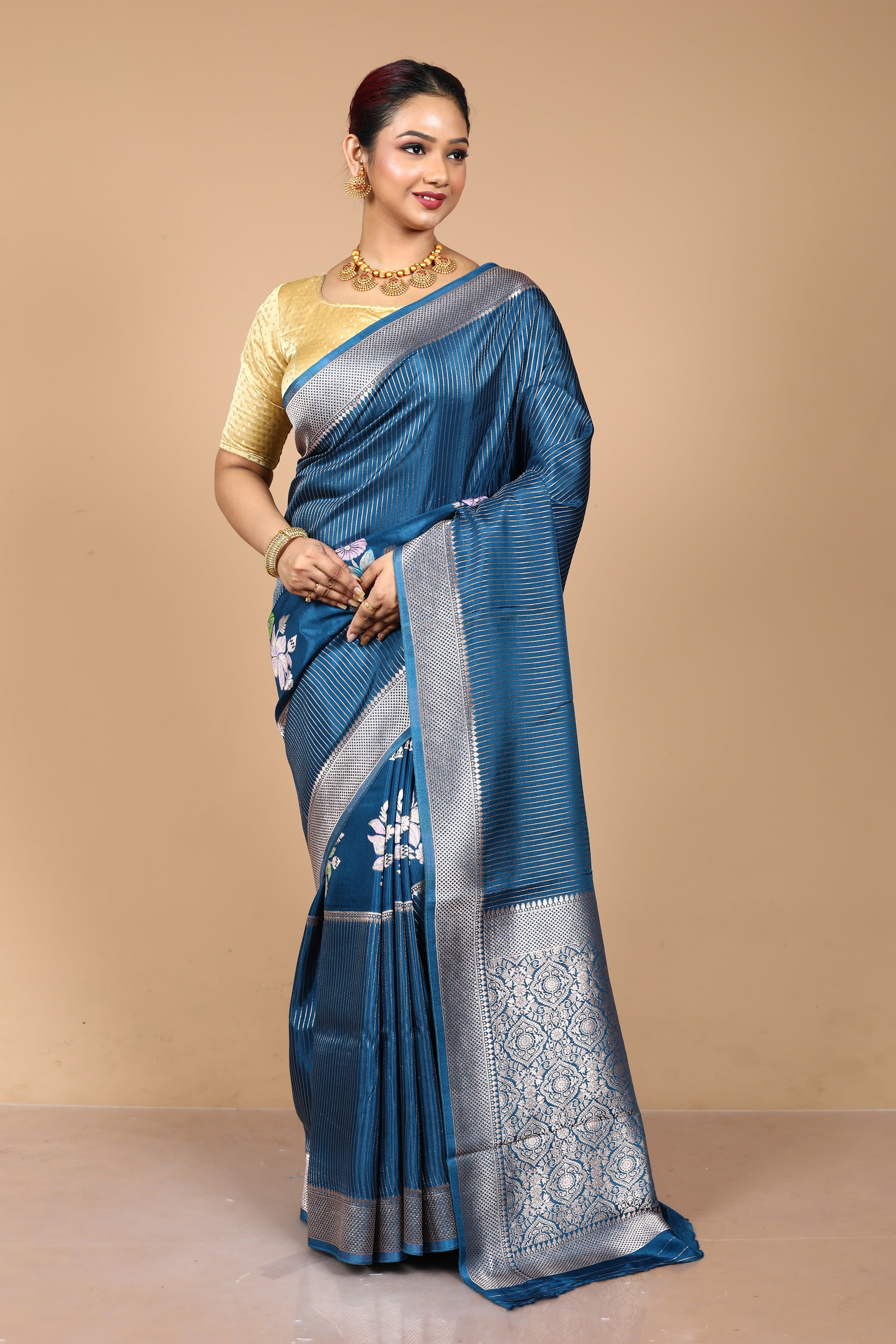 Blue Blended Blended Silk Saree