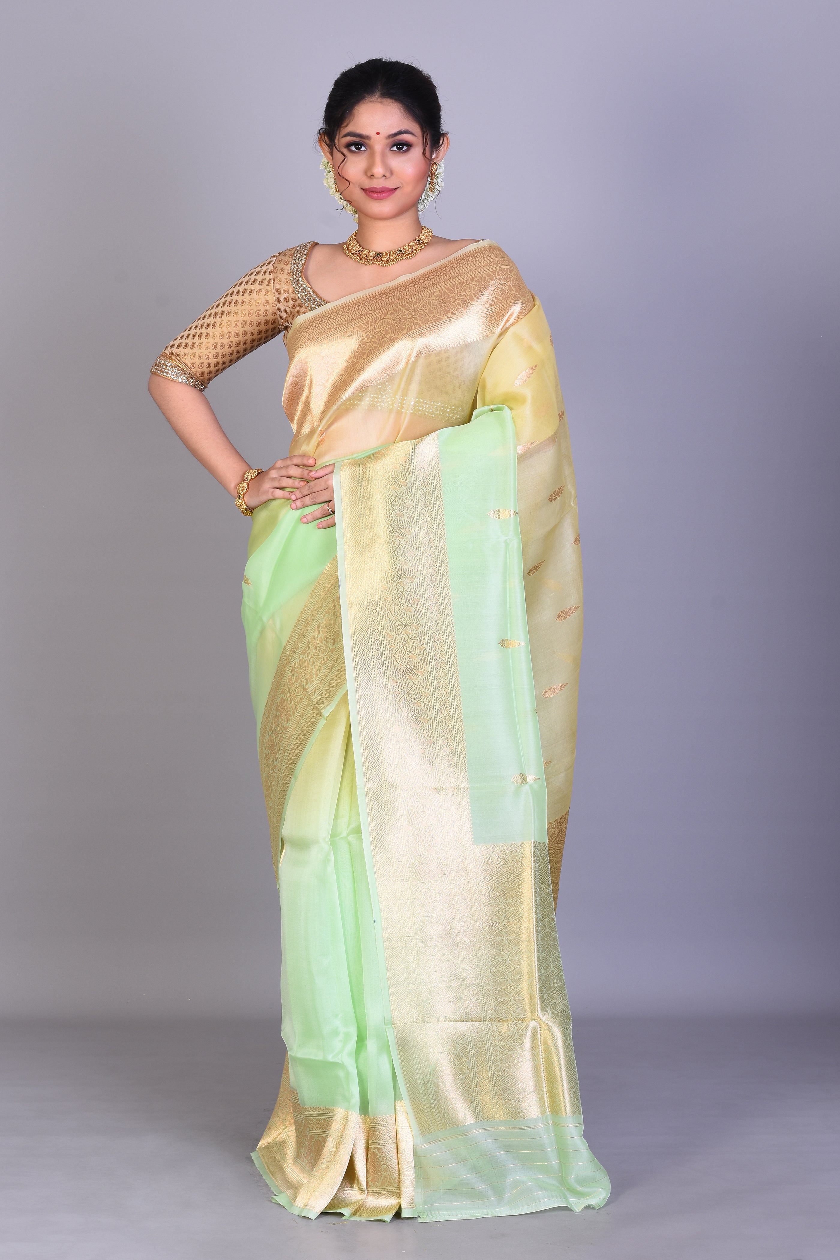 Light Pesta Green Pure Kora Saree with Blouse Piece - Keya Seth Exclusive