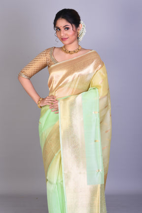 Light Pesta Green Pure Kora Saree with Blouse Piece - Keya Seth Exclusive