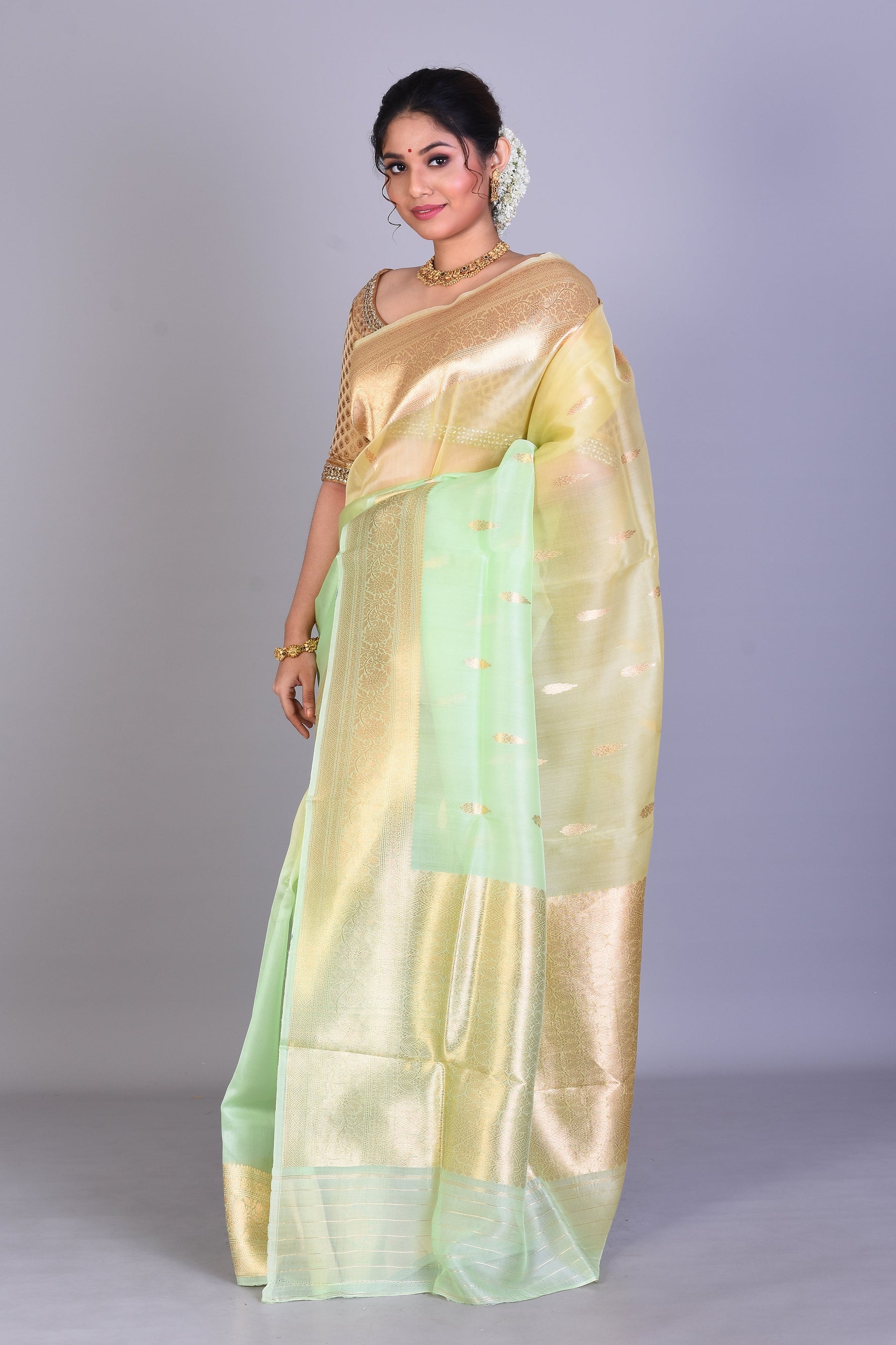 Light Pesta Green Pure Kora Saree with Blouse Piece - Keya Seth Exclusive