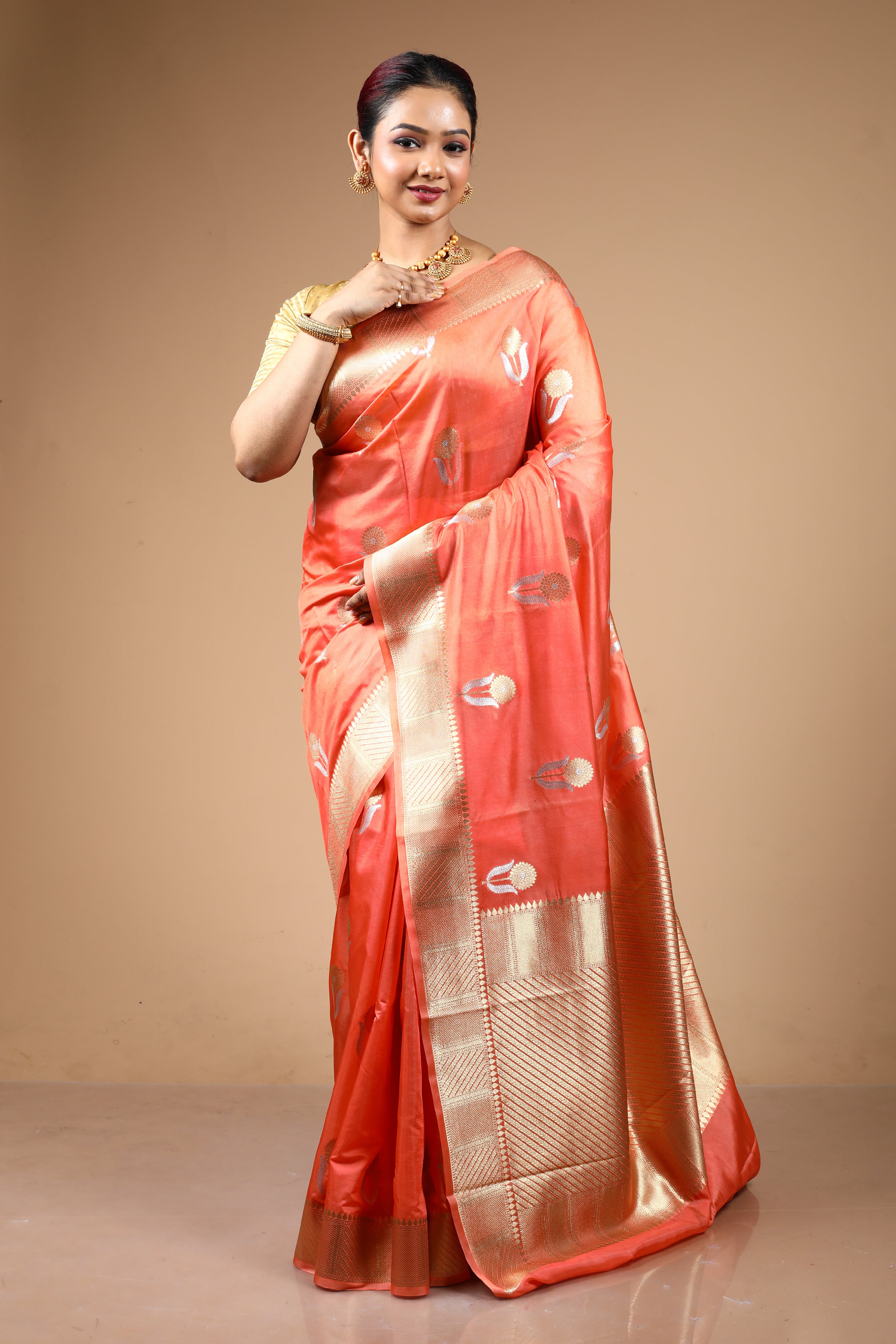 Peach Blended Blended Silk Saree