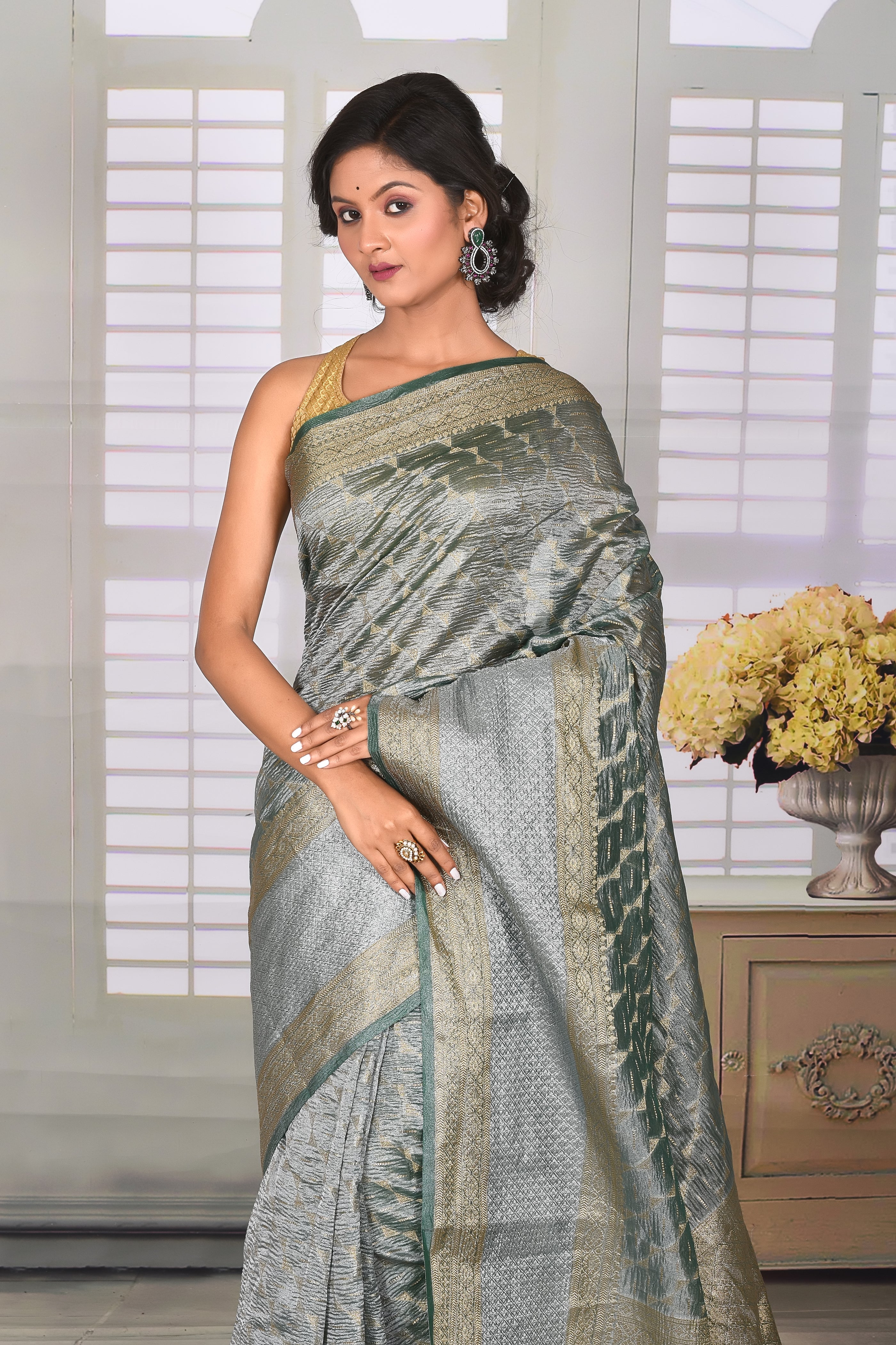 Deep Green Crushed Tissue Saree - Keya Seth Exclusive