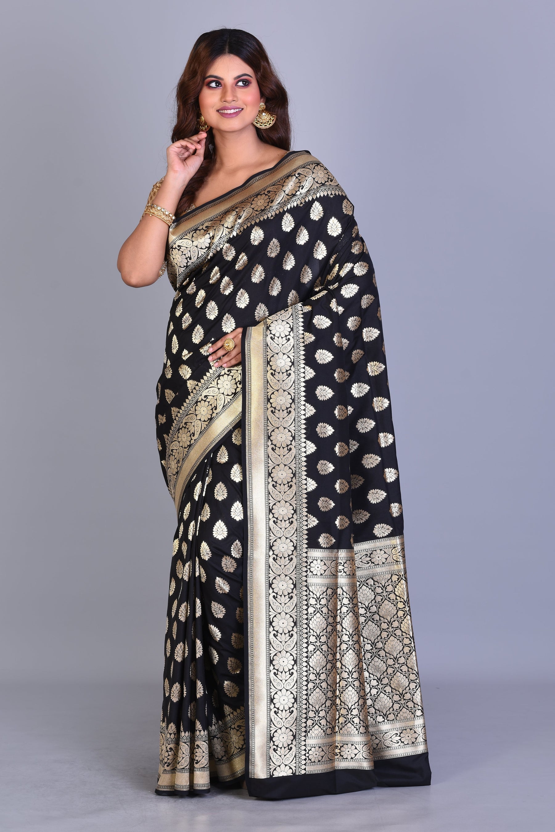 Shiny Black Uppada Silk Saree with Zari Buttas - Keya Seth Exclusive