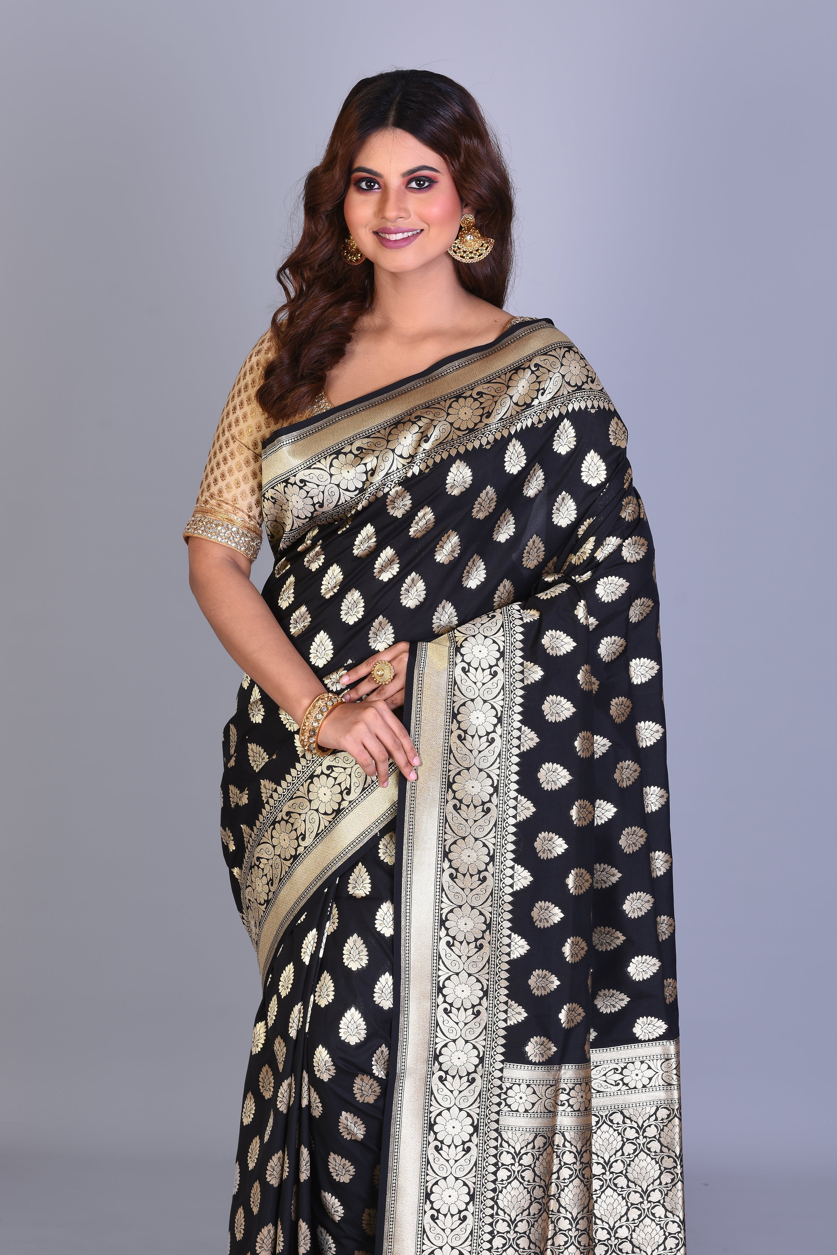 Shiny Black Uppada Silk Saree with Zari Buttas - Keya Seth Exclusive