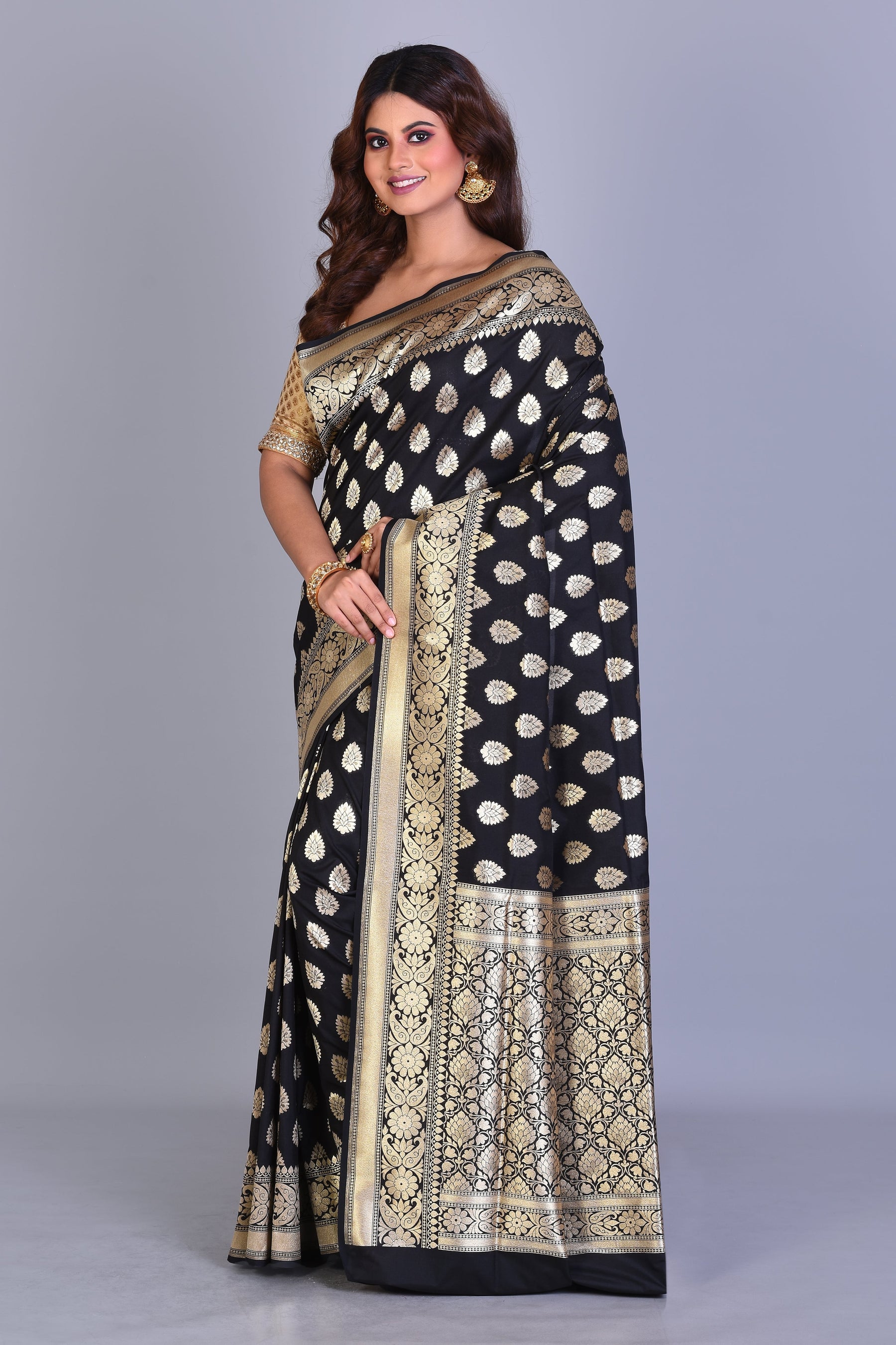 Shiny Black Uppada Silk Saree with Zari Buttas - Keya Seth Exclusive