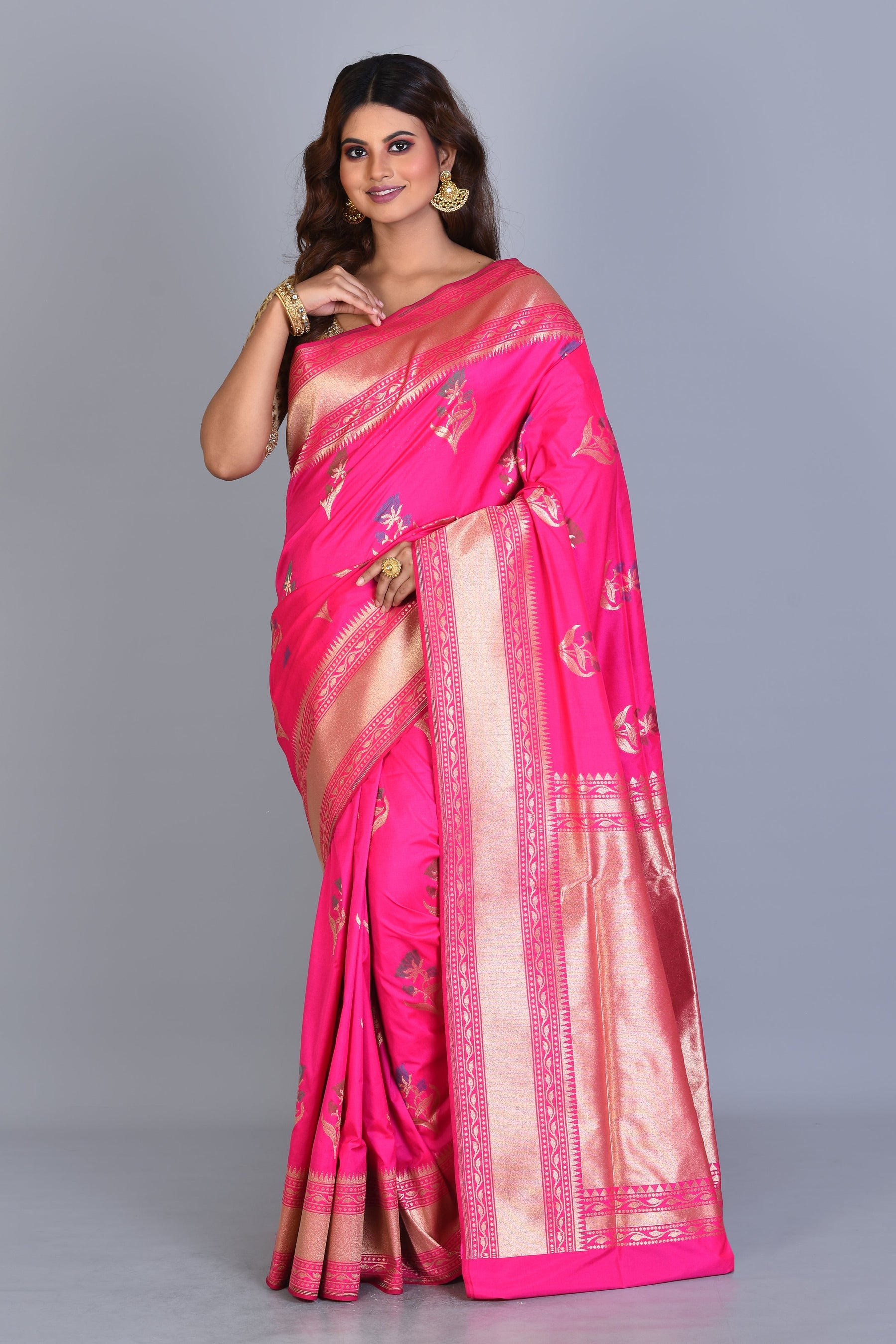 Hot Pink Uppada Silk Saree with Floral Buttas - Keya Seth Exclusive