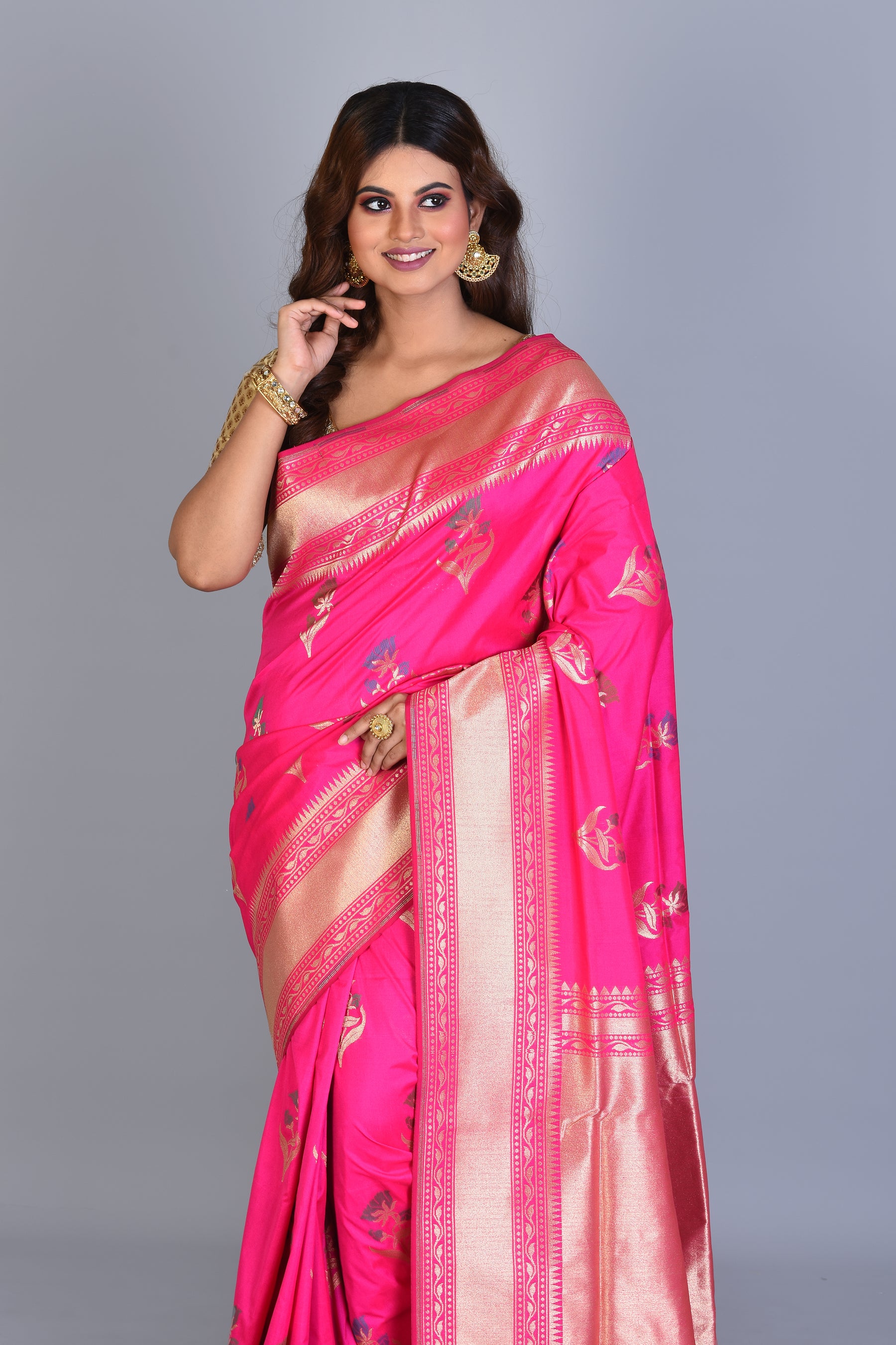 Hot Pink Uppada Silk Saree with Floral Buttas - Keya Seth Exclusive