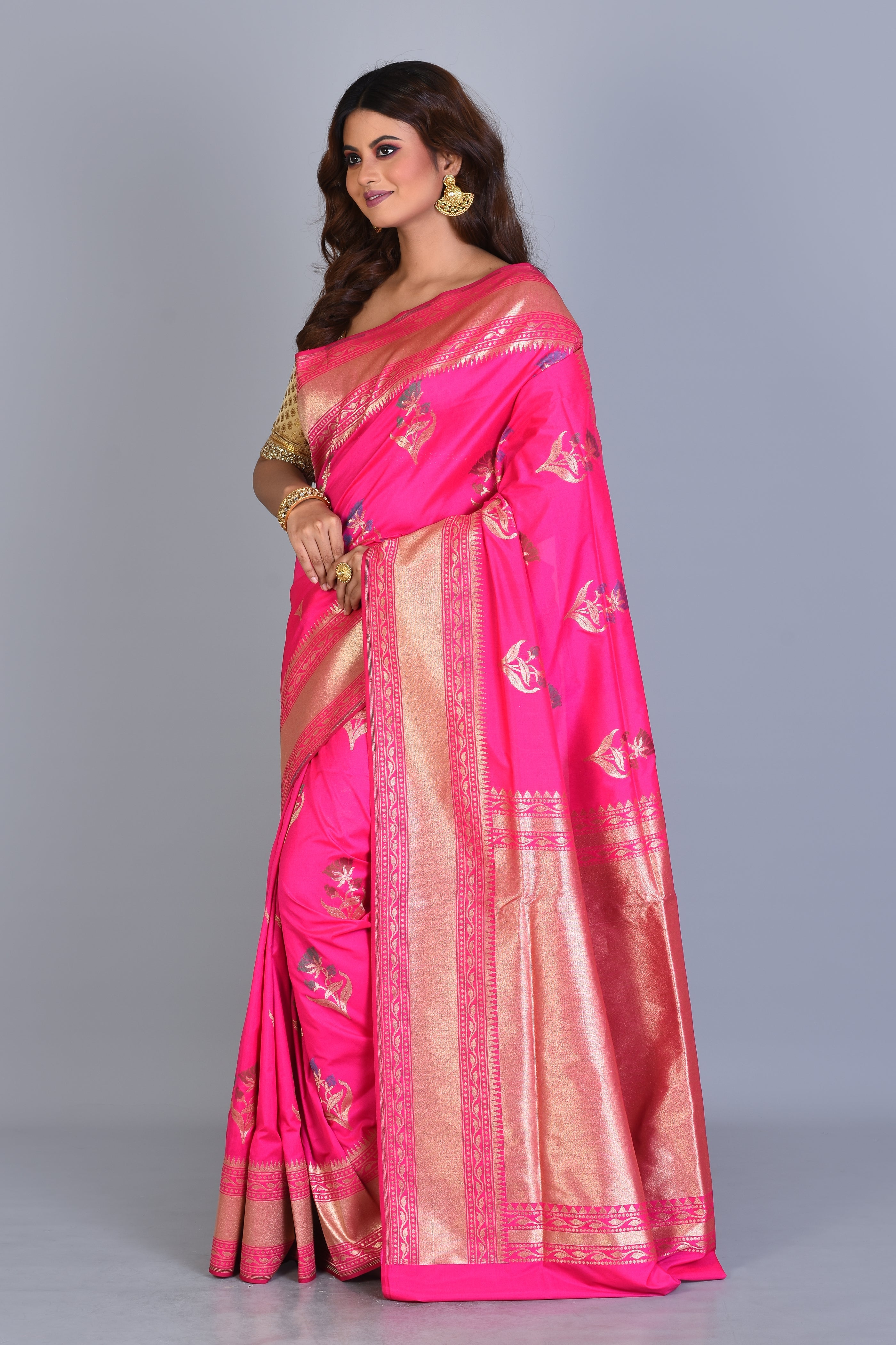 Hot Pink Uppada Silk Saree with Floral Buttas - Keya Seth Exclusive