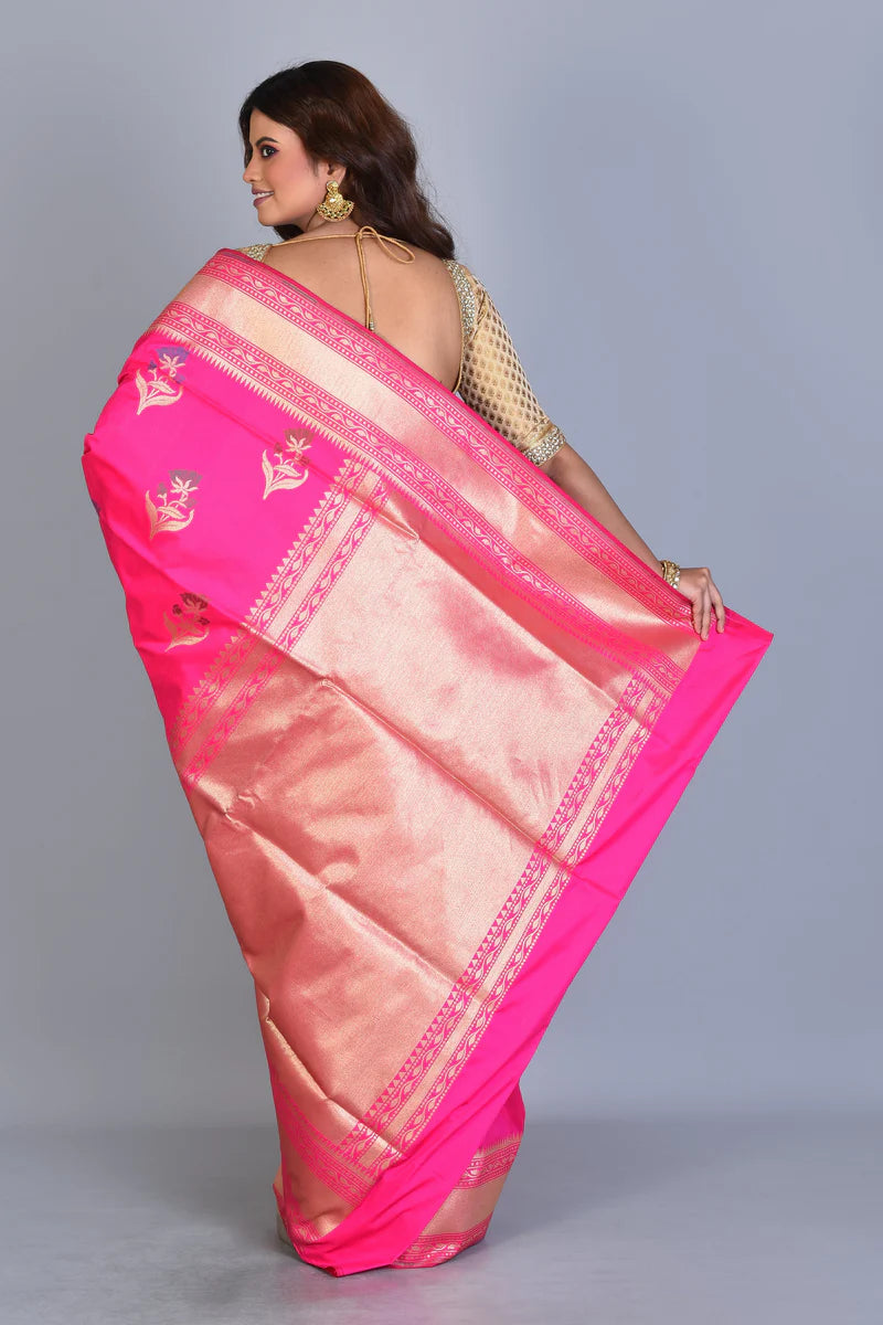 Hot Pink Uppada Silk Saree with Floral Buttas - Keya Seth Exclusive