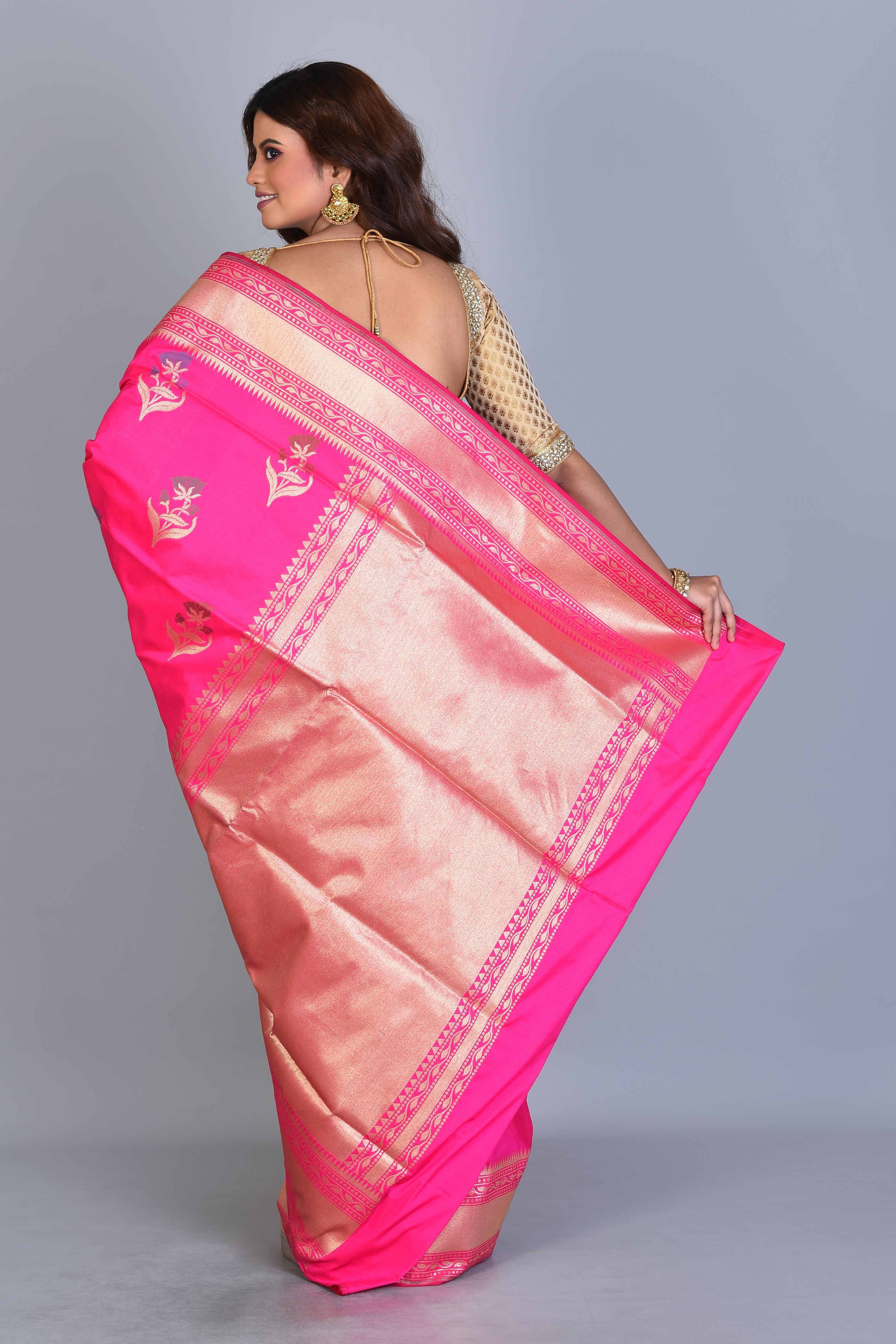 Hot Pink Uppada Silk Saree with Floral Buttas - Keya Seth Exclusive