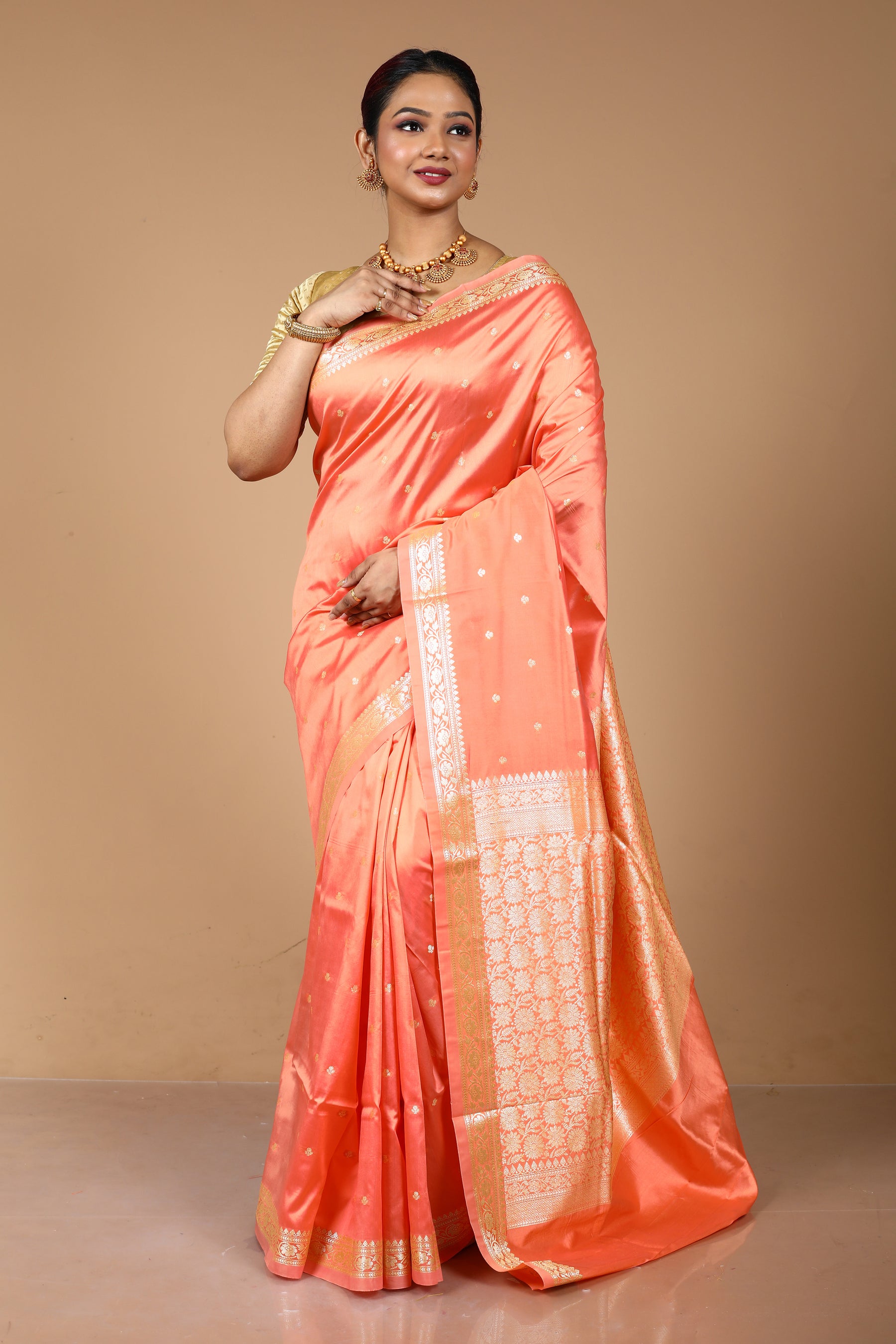 Peach Katan Semi Katan Saree