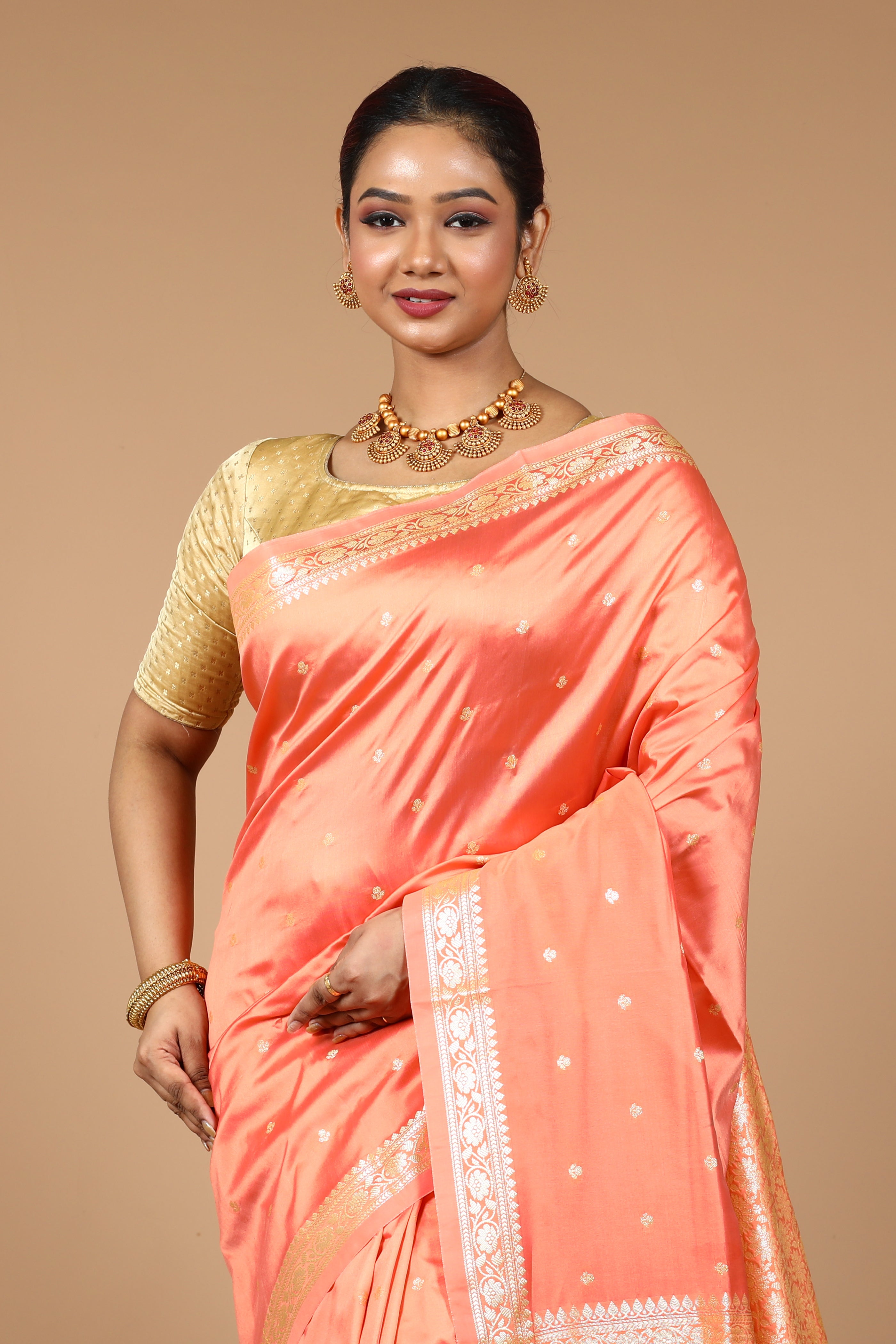 Peach Katan Semi Katan Saree