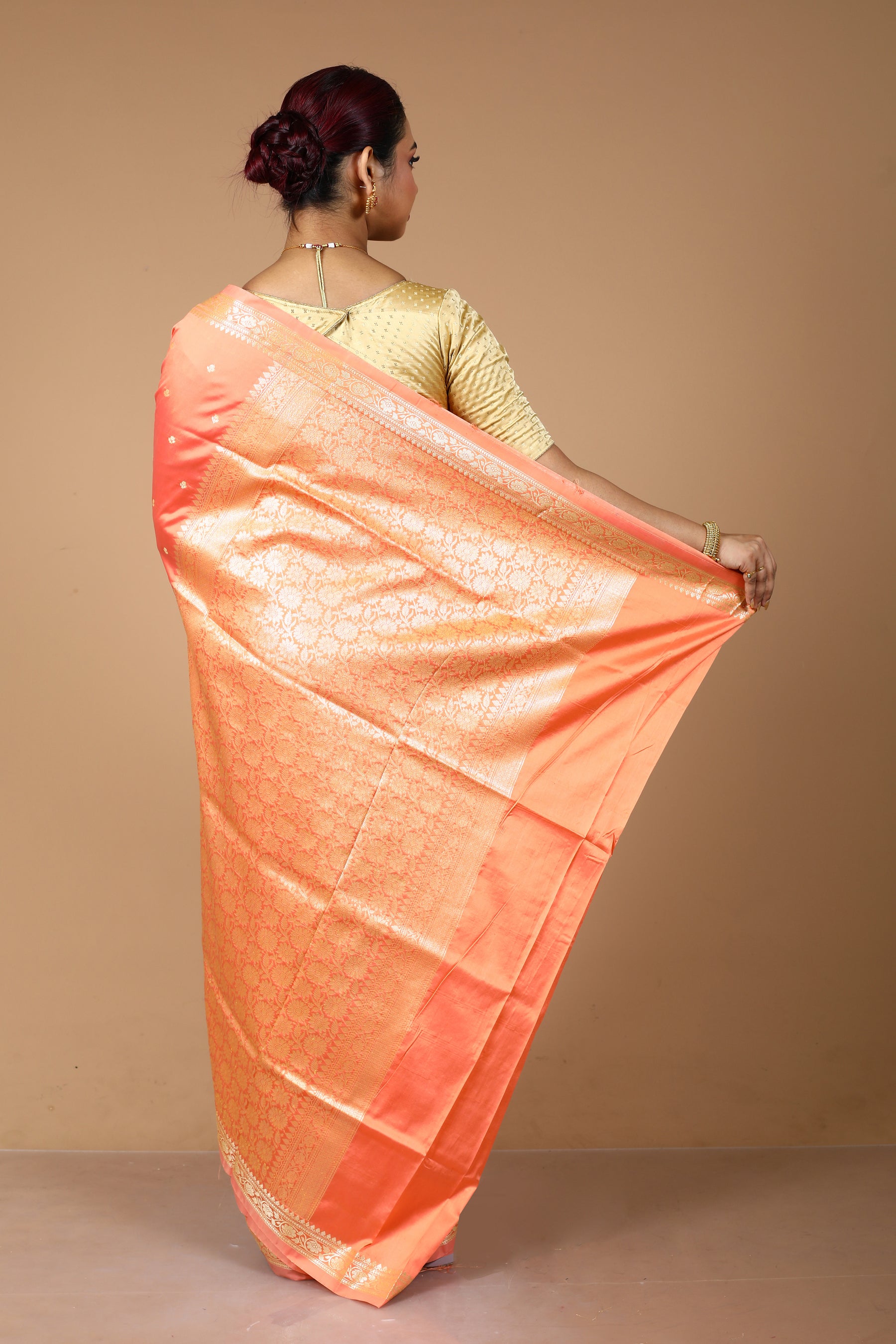 Peach Katan Semi Katan Saree