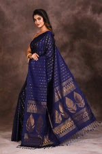 Load image into Gallery viewer, Navy Blue Borderless Pure Katan Saree - Keya Seth Exclusive

