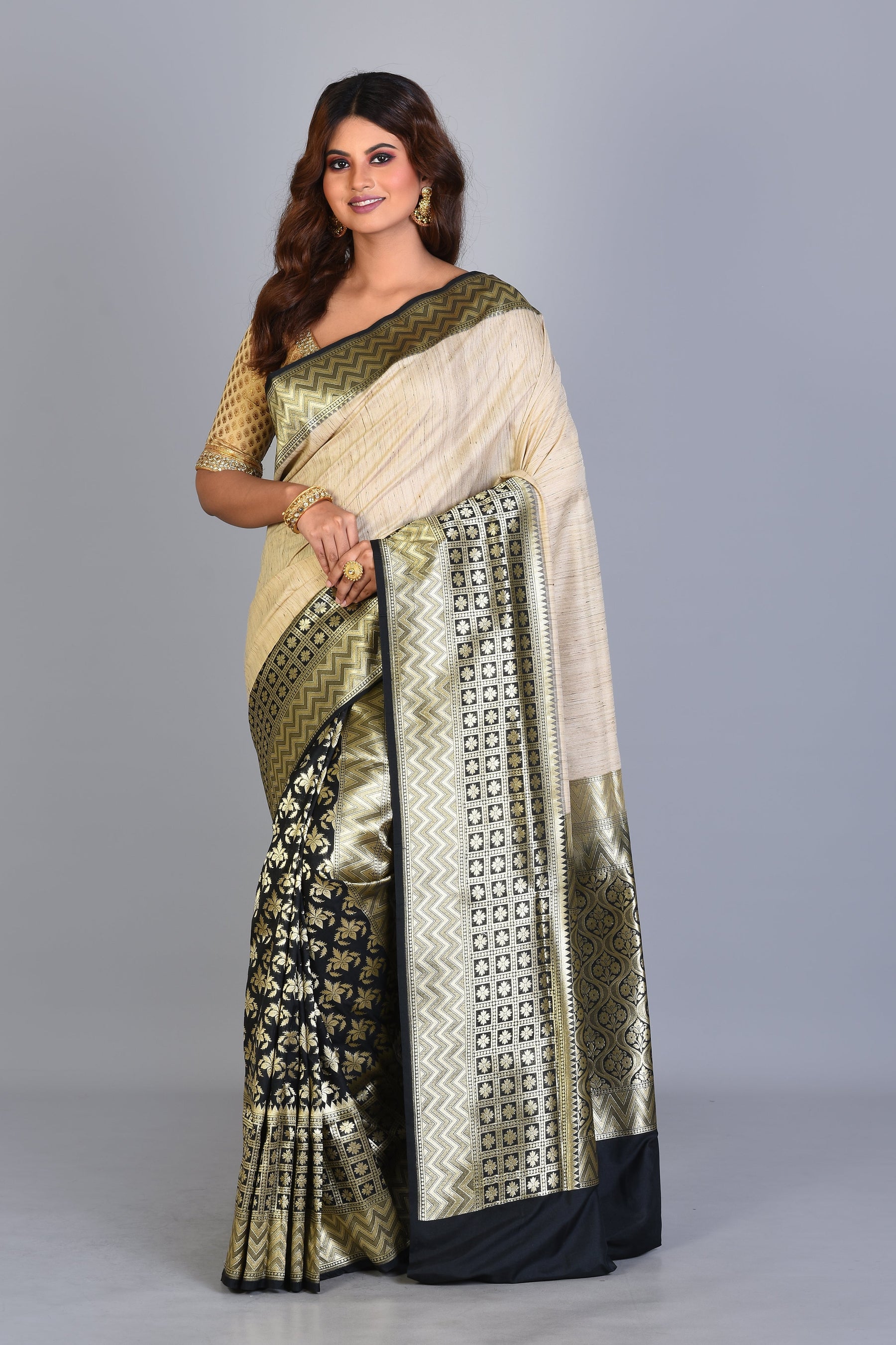 Off-white & Black Half & Half Uppada Silk Saree with Zari Buttas - Keya Seth Exclusive