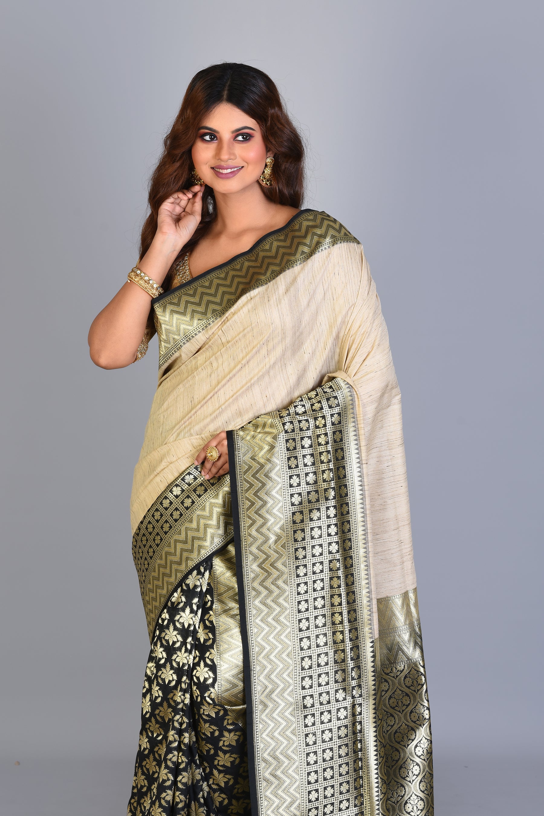 Off-white & Black Half & Half Uppada Silk Saree with Zari Buttas - Keya Seth Exclusive