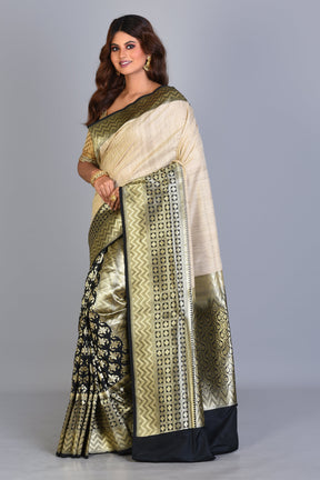 Off-white & Black Half & Half Uppada Silk Saree with Zari Buttas - Keya Seth Exclusive