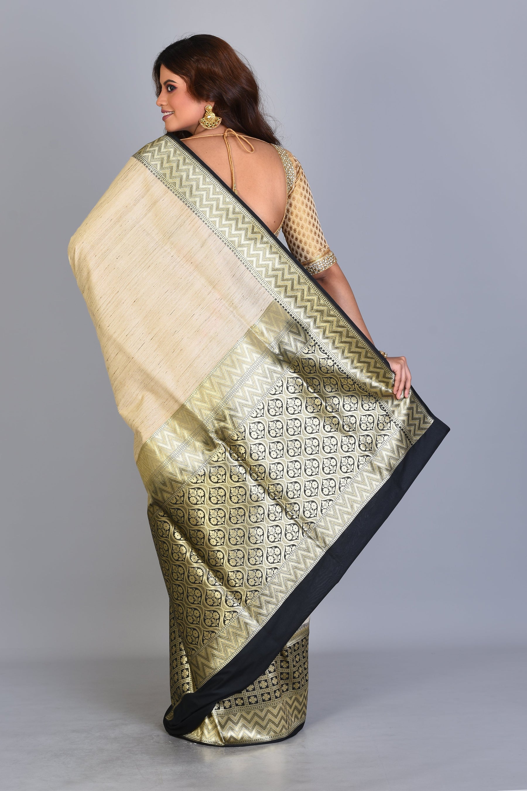 Off-white & Black Half & Half Uppada Silk Saree with Zari Buttas - Keya Seth Exclusive