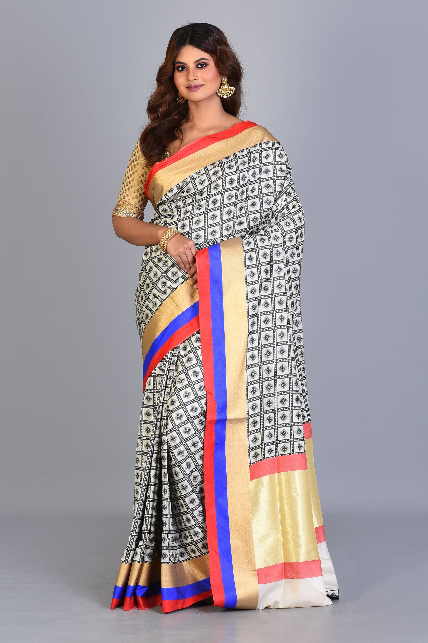 Off-white Blended Silk Saree with Threadwork - Keya Seth Exclusive