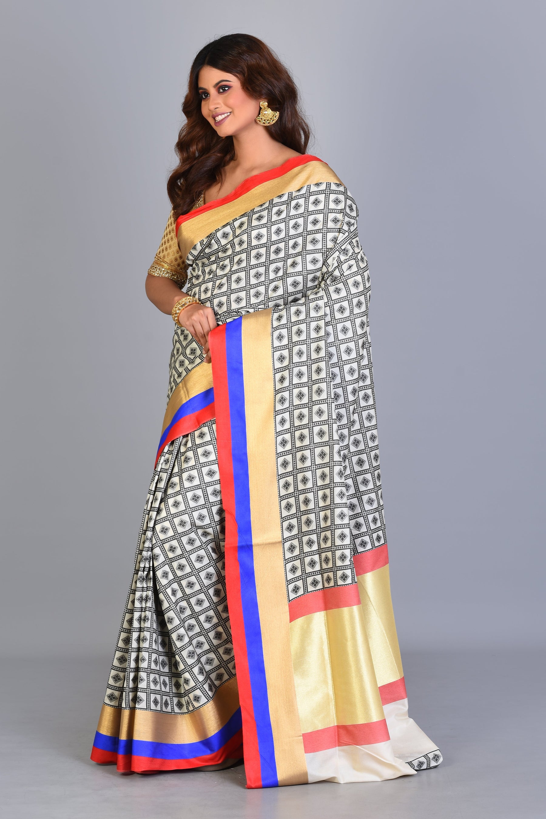 Off-white Blended Silk Saree with Threadwork - Keya Seth Exclusive