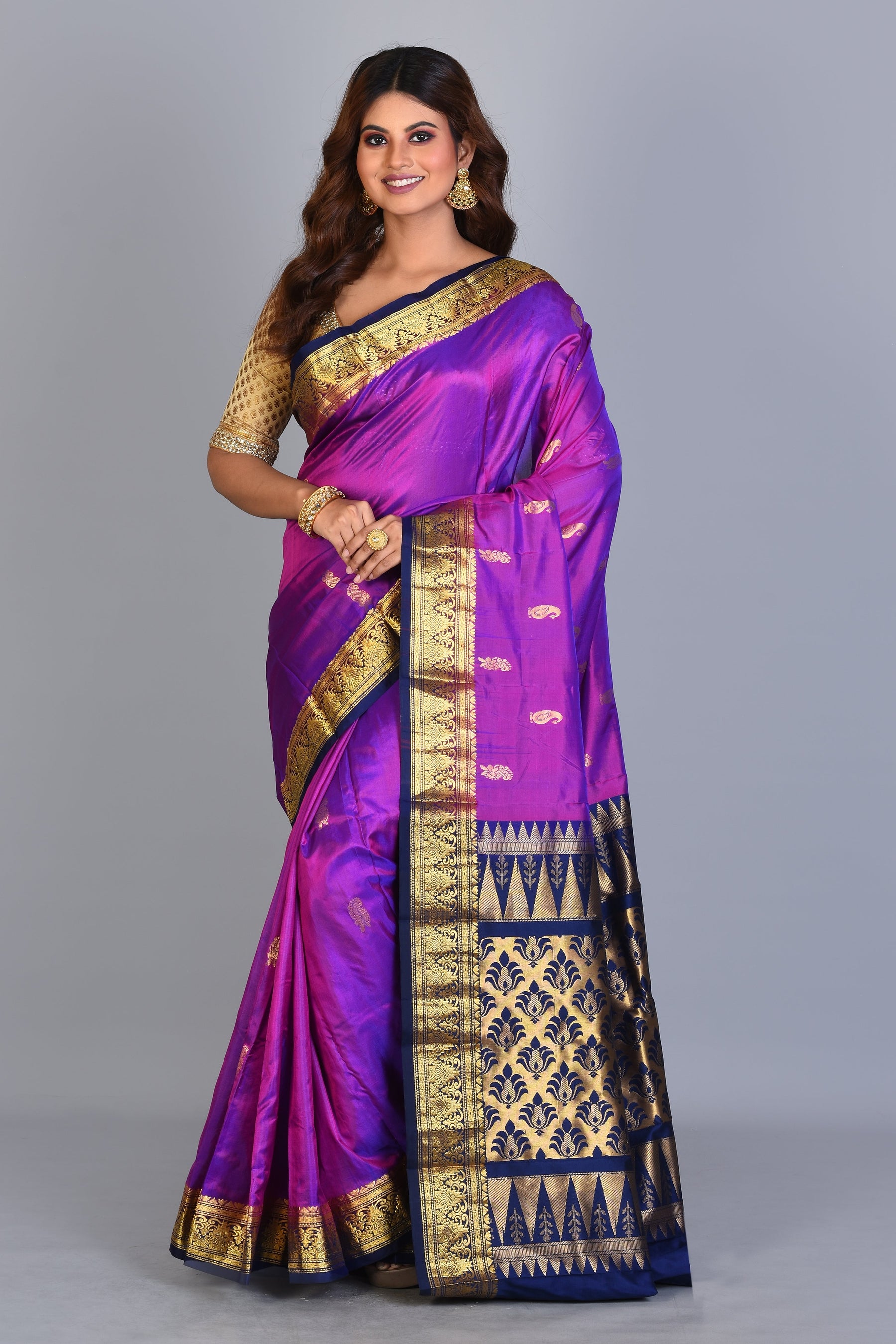 Purple Blended Kanjivaram Saree with Navy Blue Borders - Keya Seth Exclusive