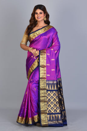 Purple Blended Kanjivaram Saree with Navy Blue Borders - Keya Seth Exclusive