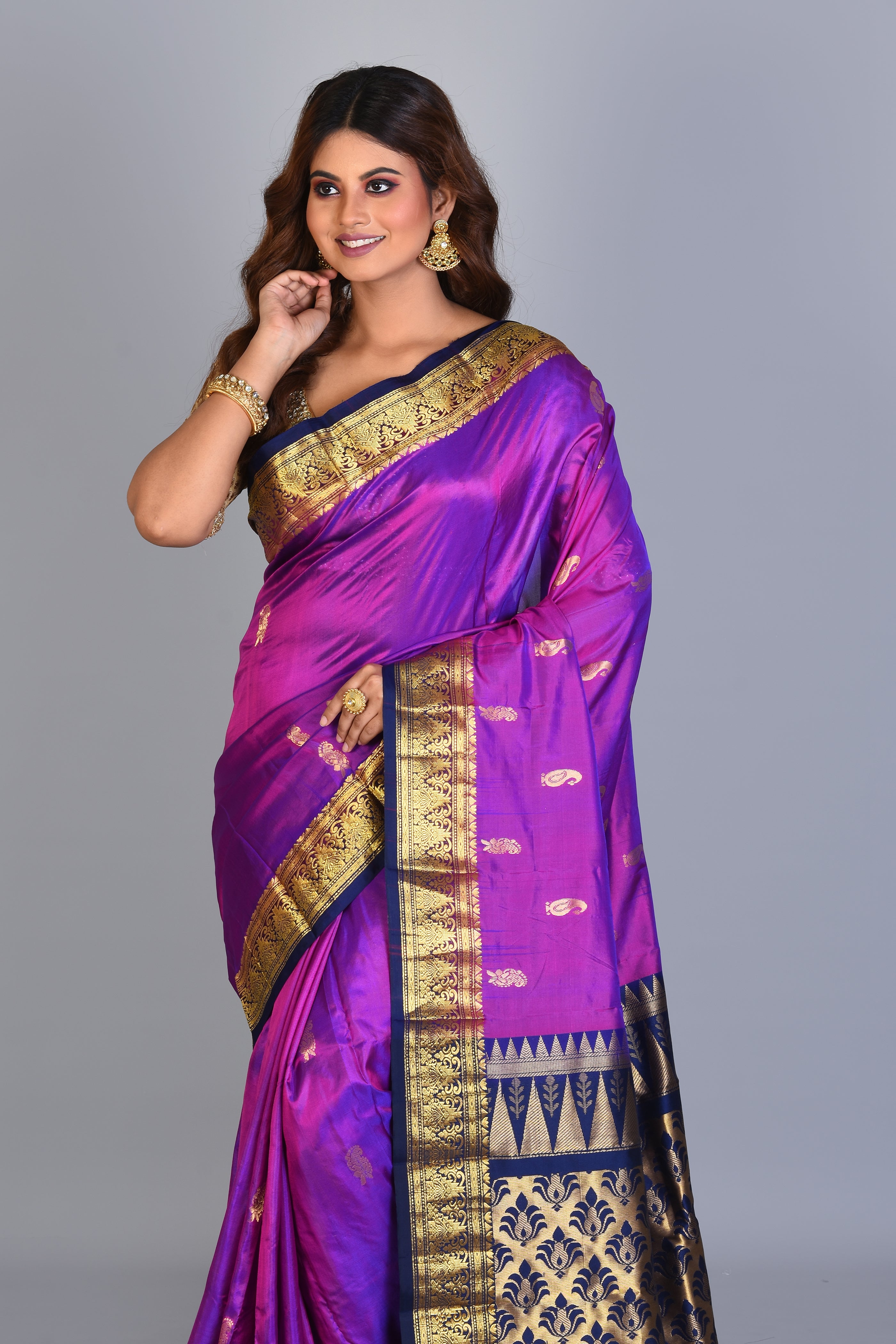 Purple Blended Kanjivaram Saree with Navy Blue Borders - Keya Seth Exclusive