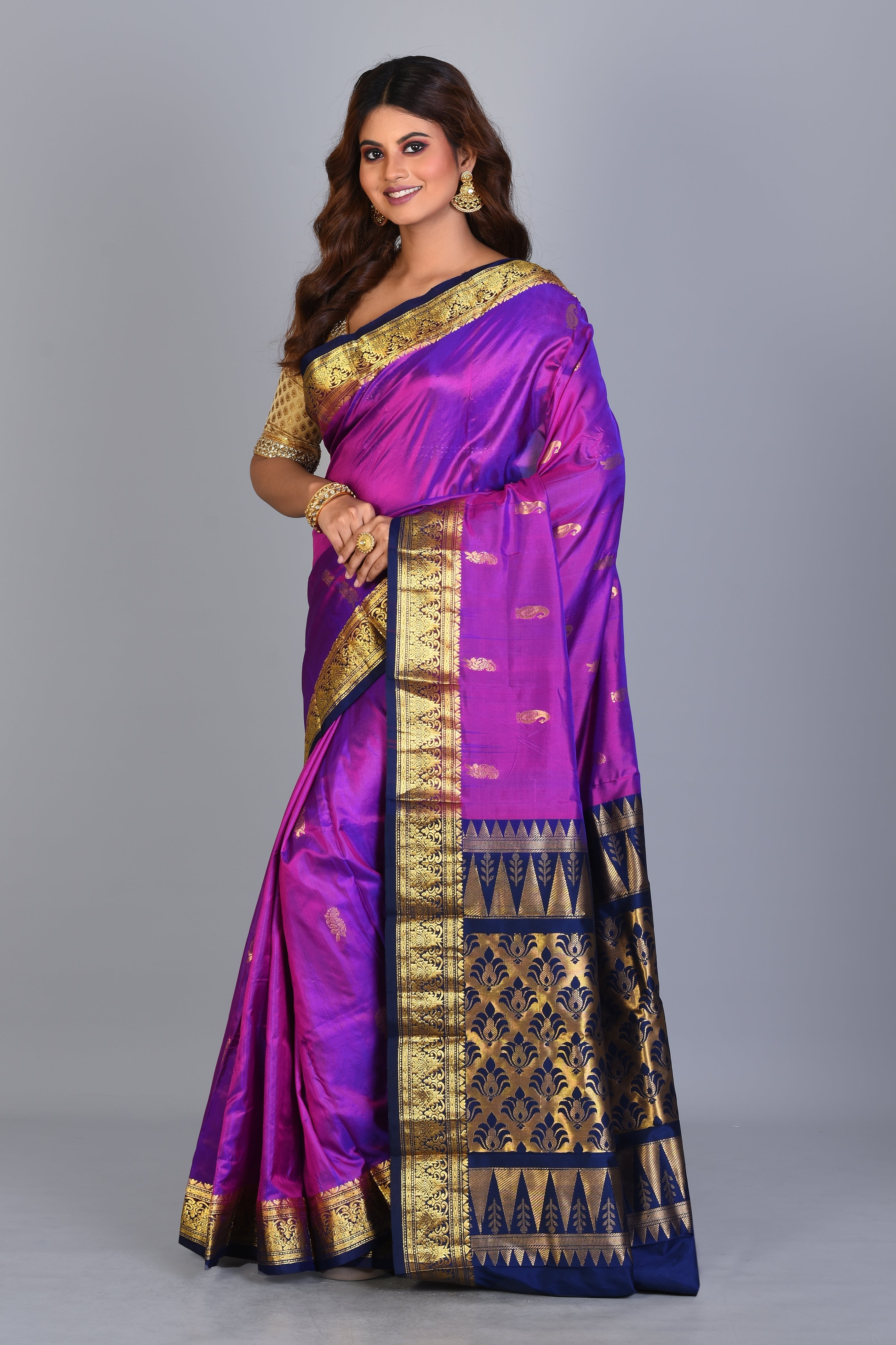 Purple Blended Kanjivaram Saree with Navy Blue Borders - Keya Seth Exclusive