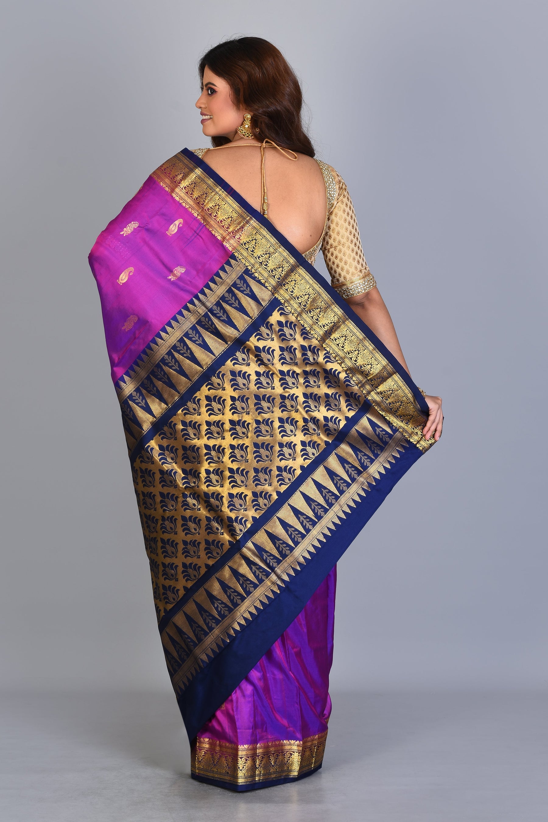 Purple Blended Kanjivaram Saree with Navy Blue Borders - Keya Seth Exclusive