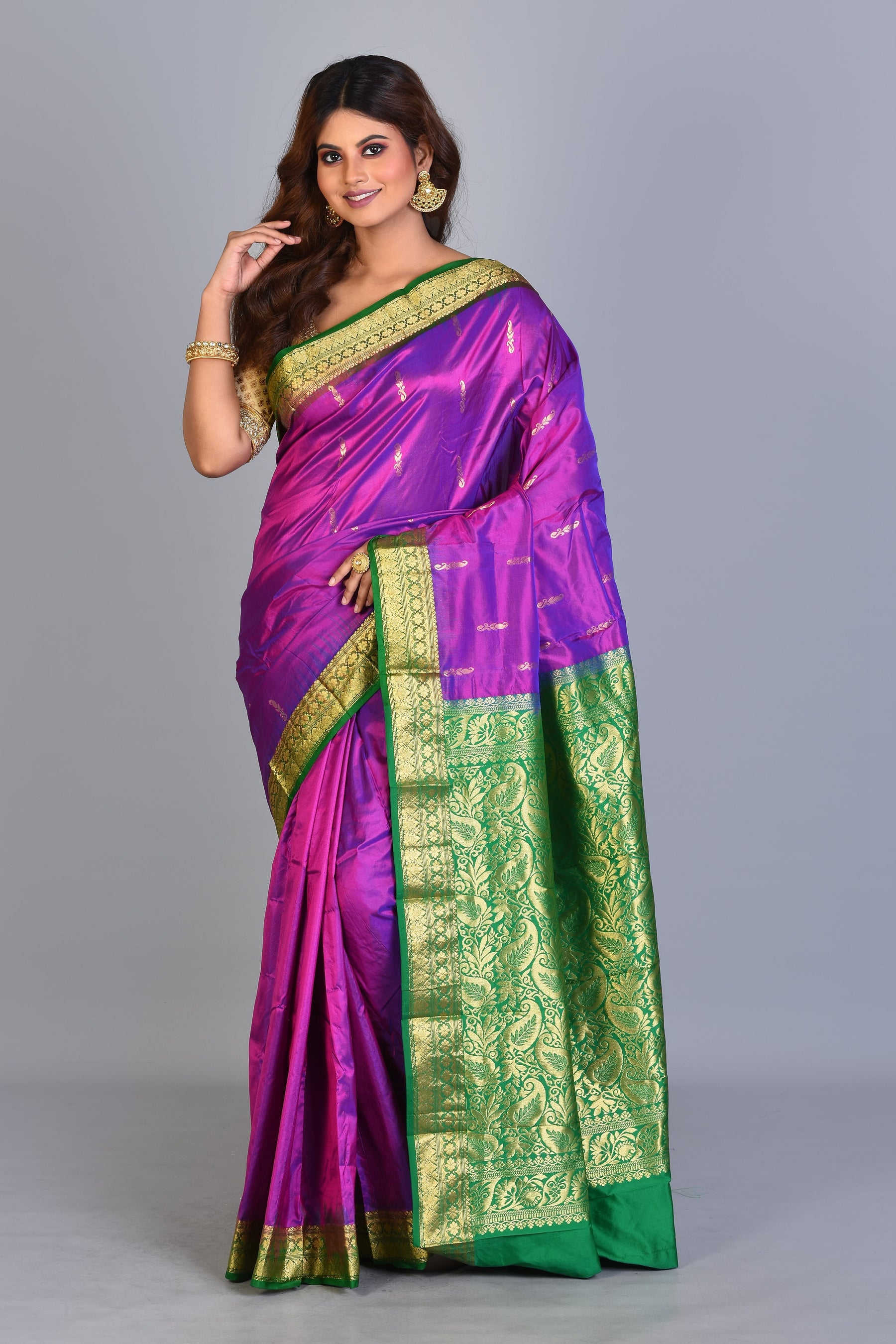 Purple Blended Kanjivaram Saree with Green Borders - Keya Seth Exclusive