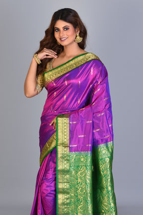 Purple Blended Kanjivaram Saree with Green Borders - Keya Seth Exclusive