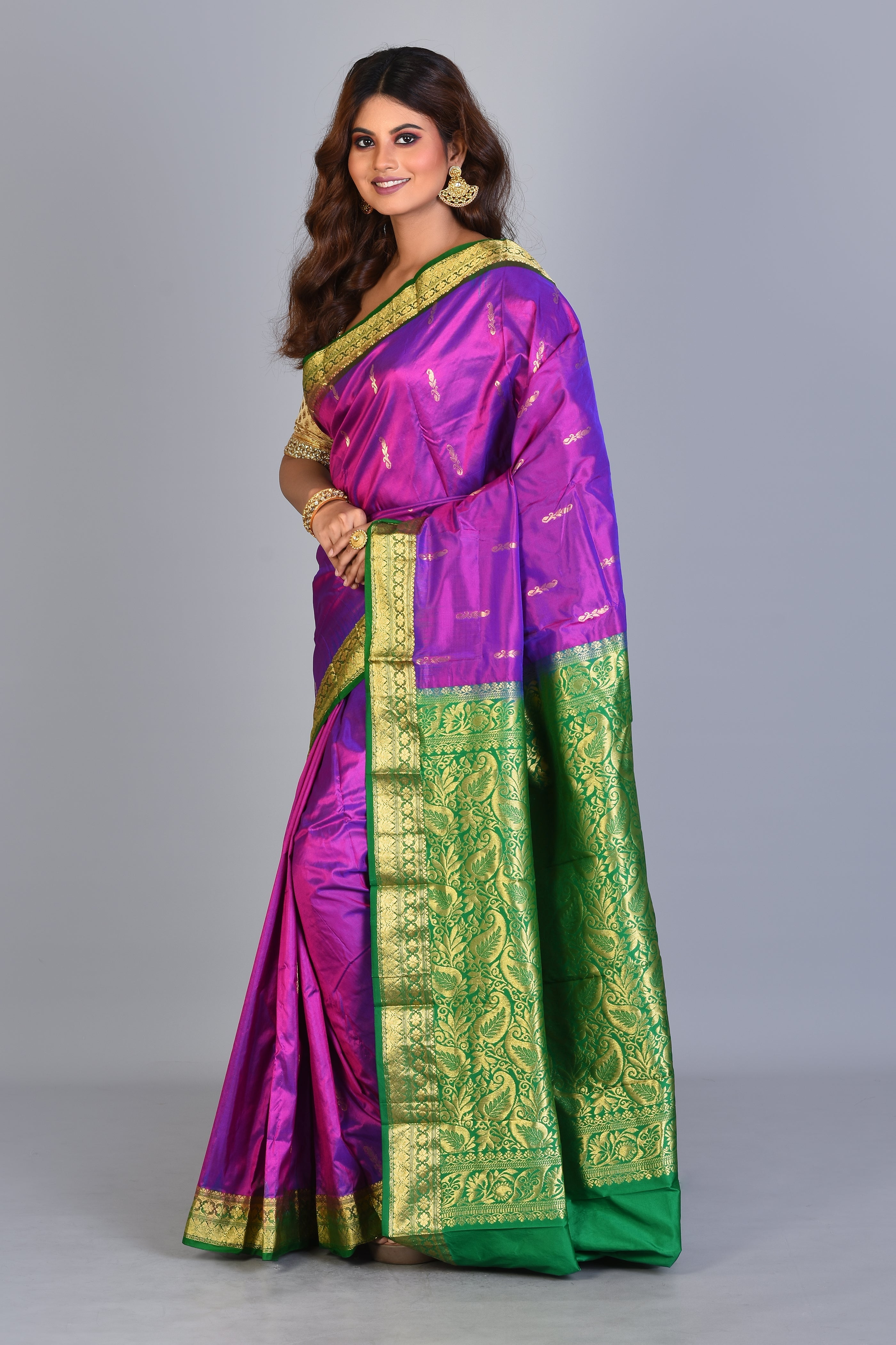 Purple Blended Kanjivaram Saree with Green Borders - Keya Seth Exclusive