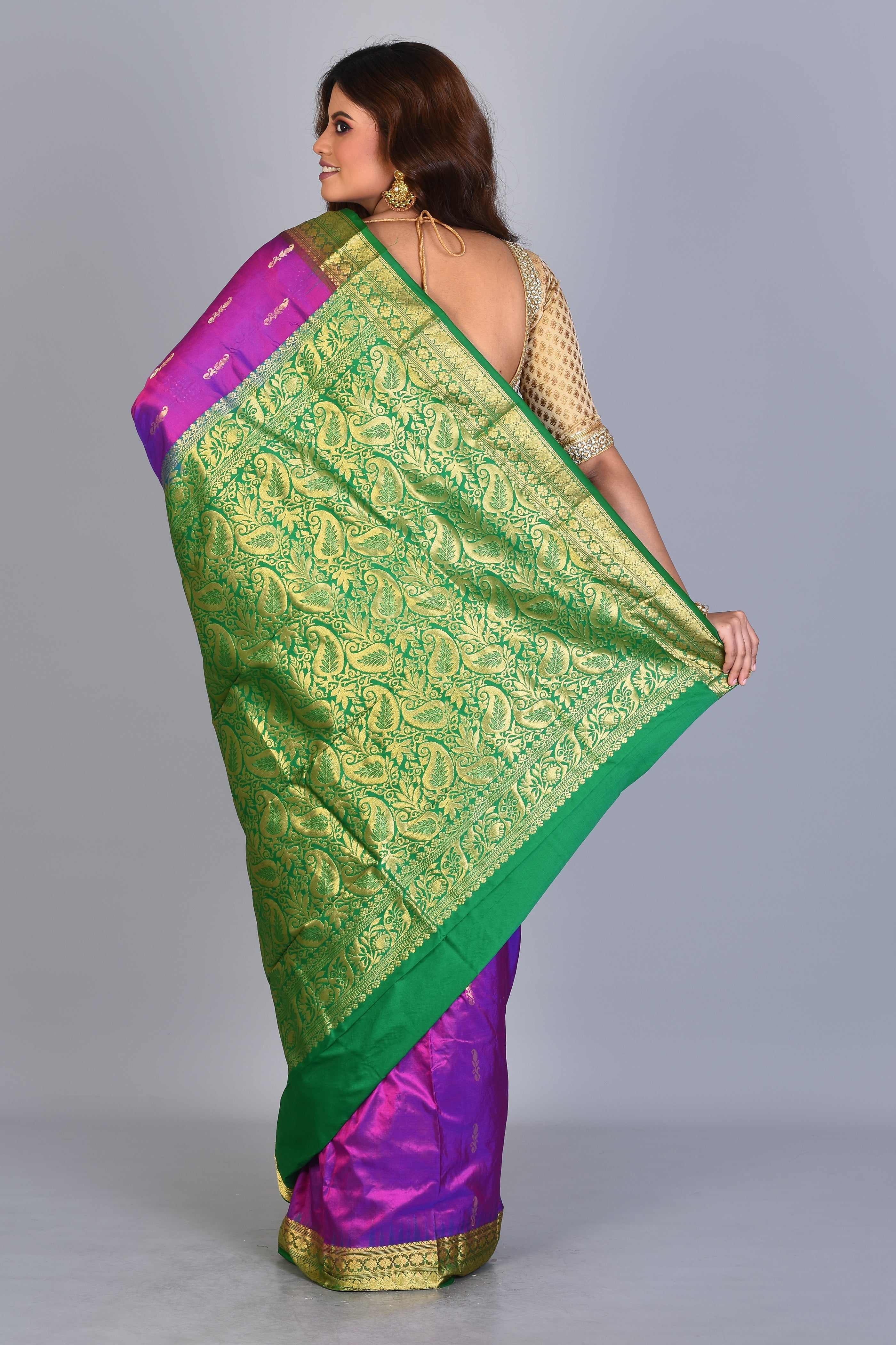 Purple Blended Kanjivaram Saree with Green Borders - Keya Seth Exclusive