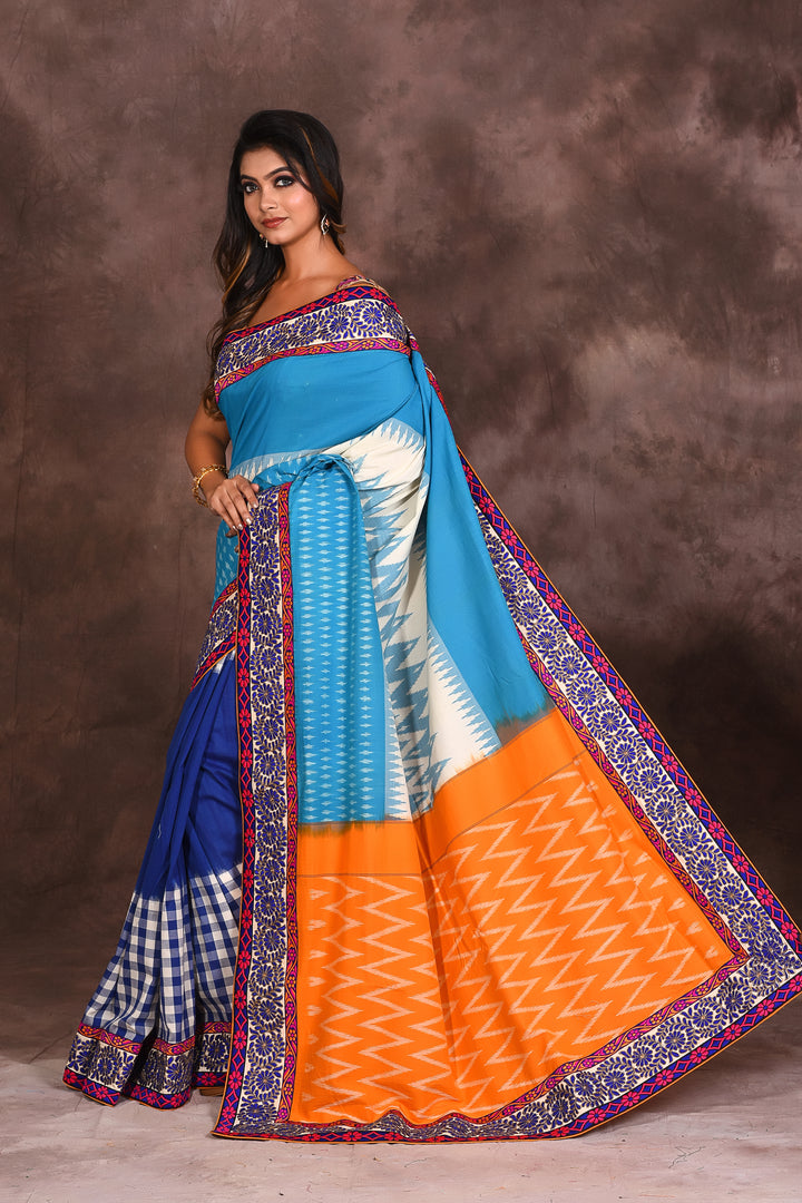 Blue Checkered Cotton Ikkat Saree - Keya Seth Exclusive