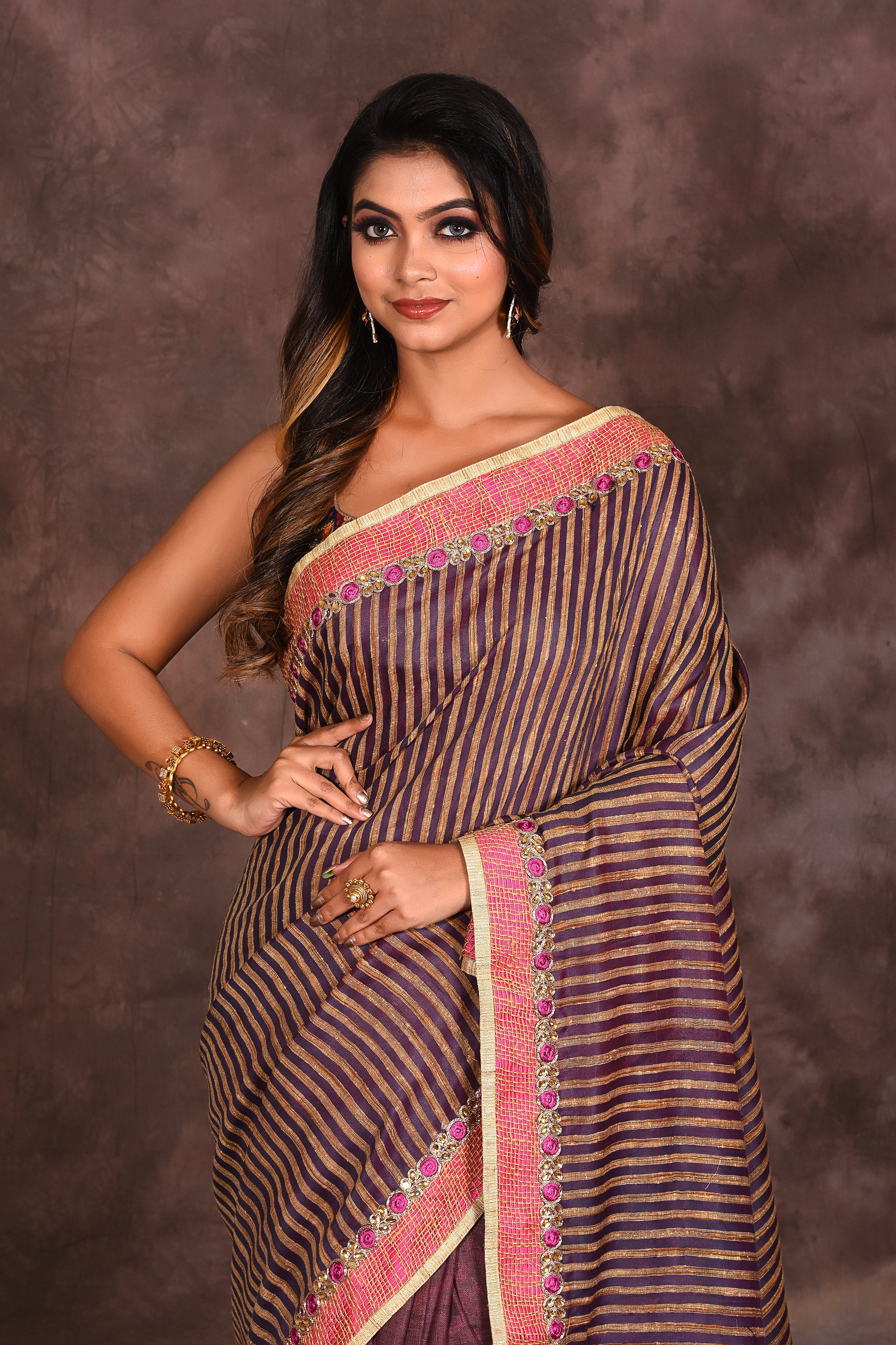 Wine Striped Kora Saree - Keya Seth Exclusive