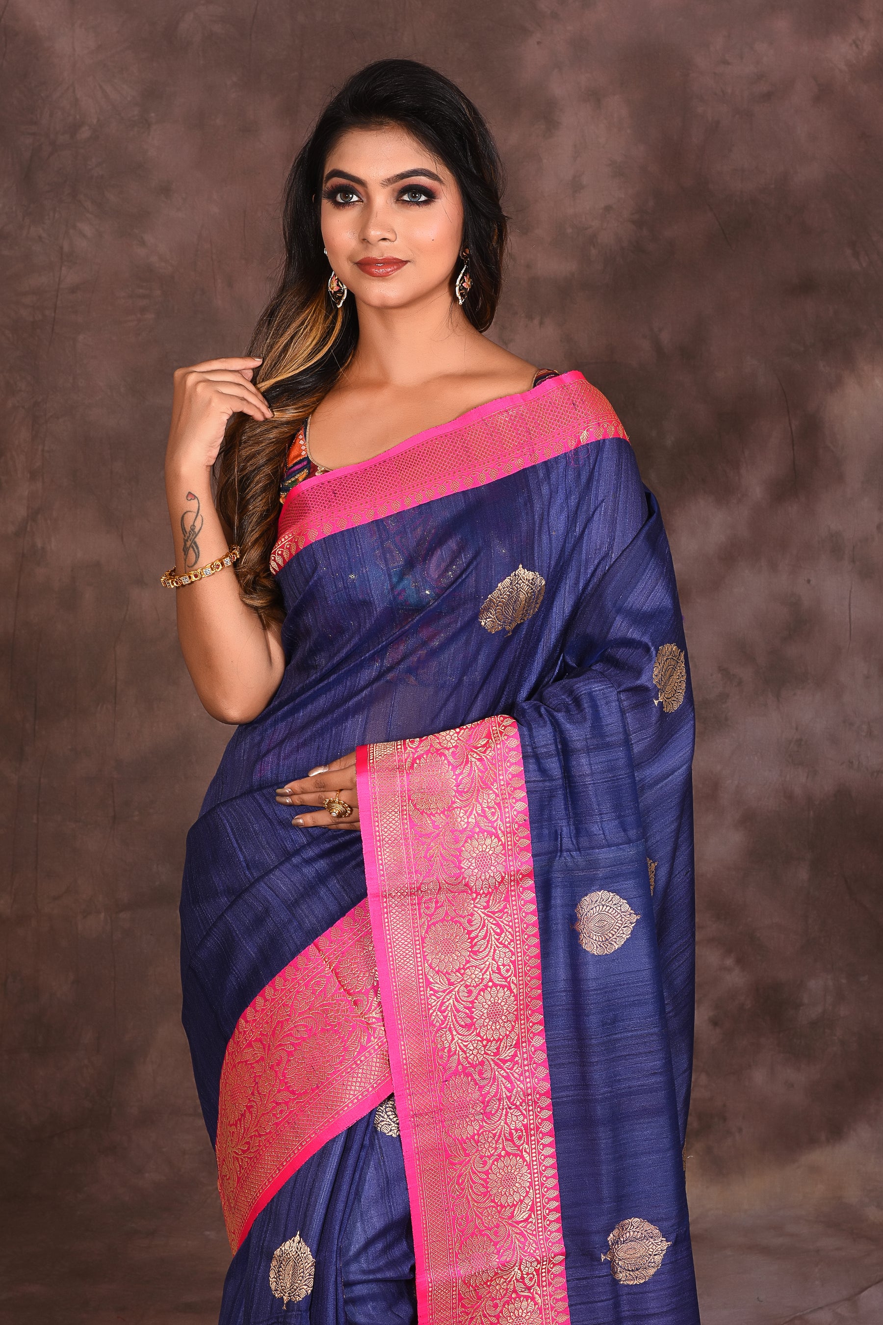 Navy Blue Pure Tussar Saree - Keya Seth Exclusive