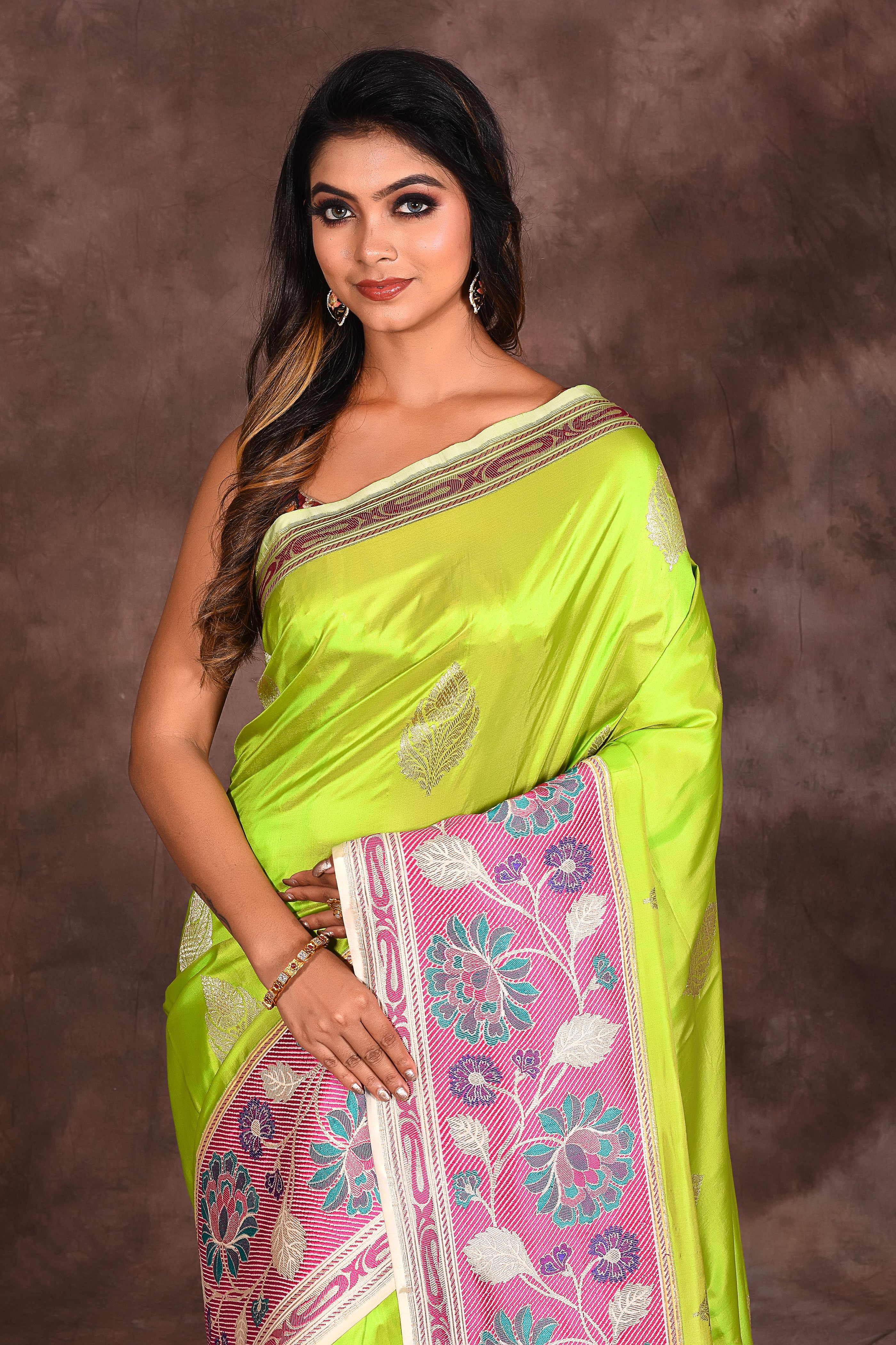 Leaf Green Pure Katan Saree - Keya Seth Exclusive