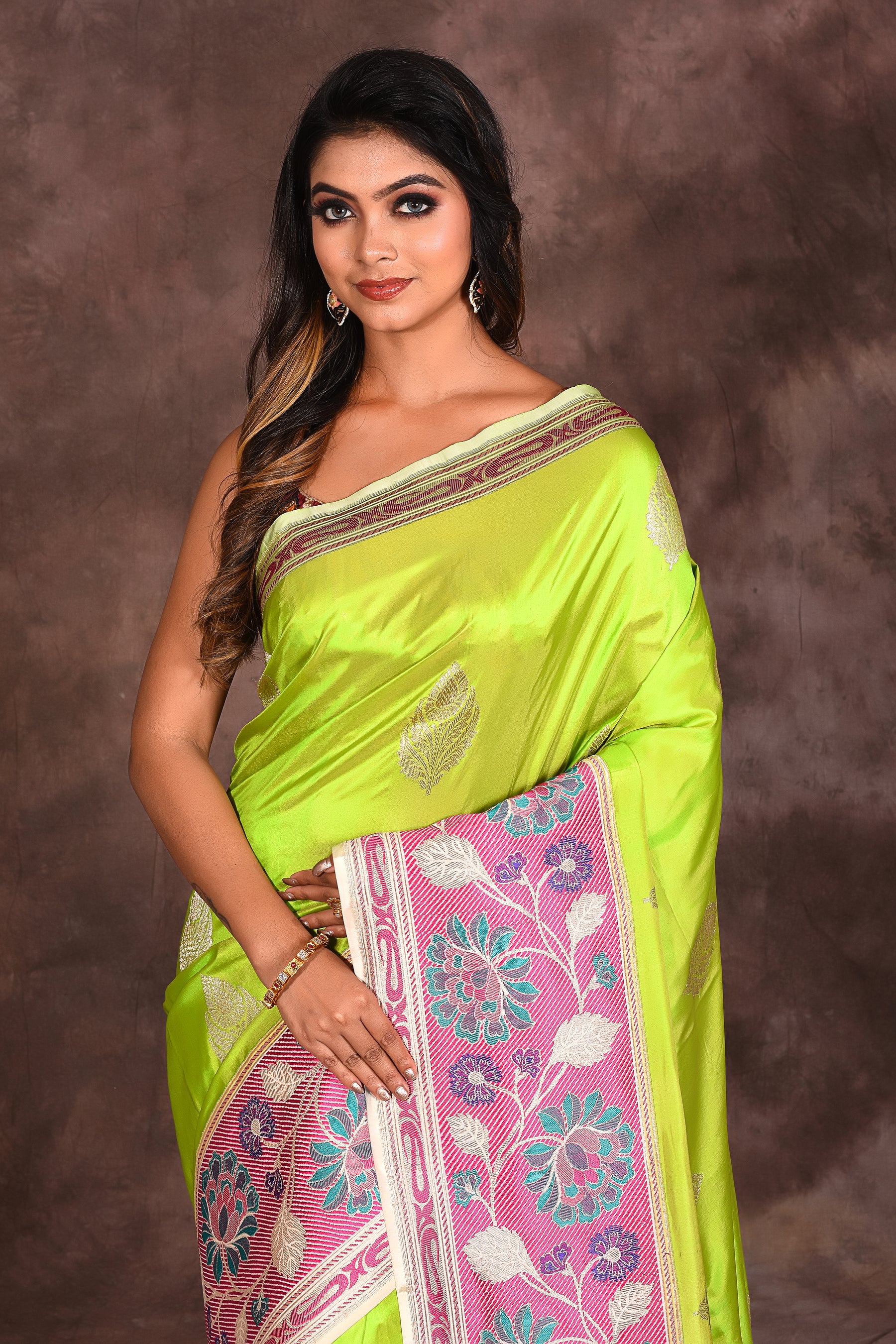 Leaf Green Pure Katan Saree - Keya Seth Exclusive