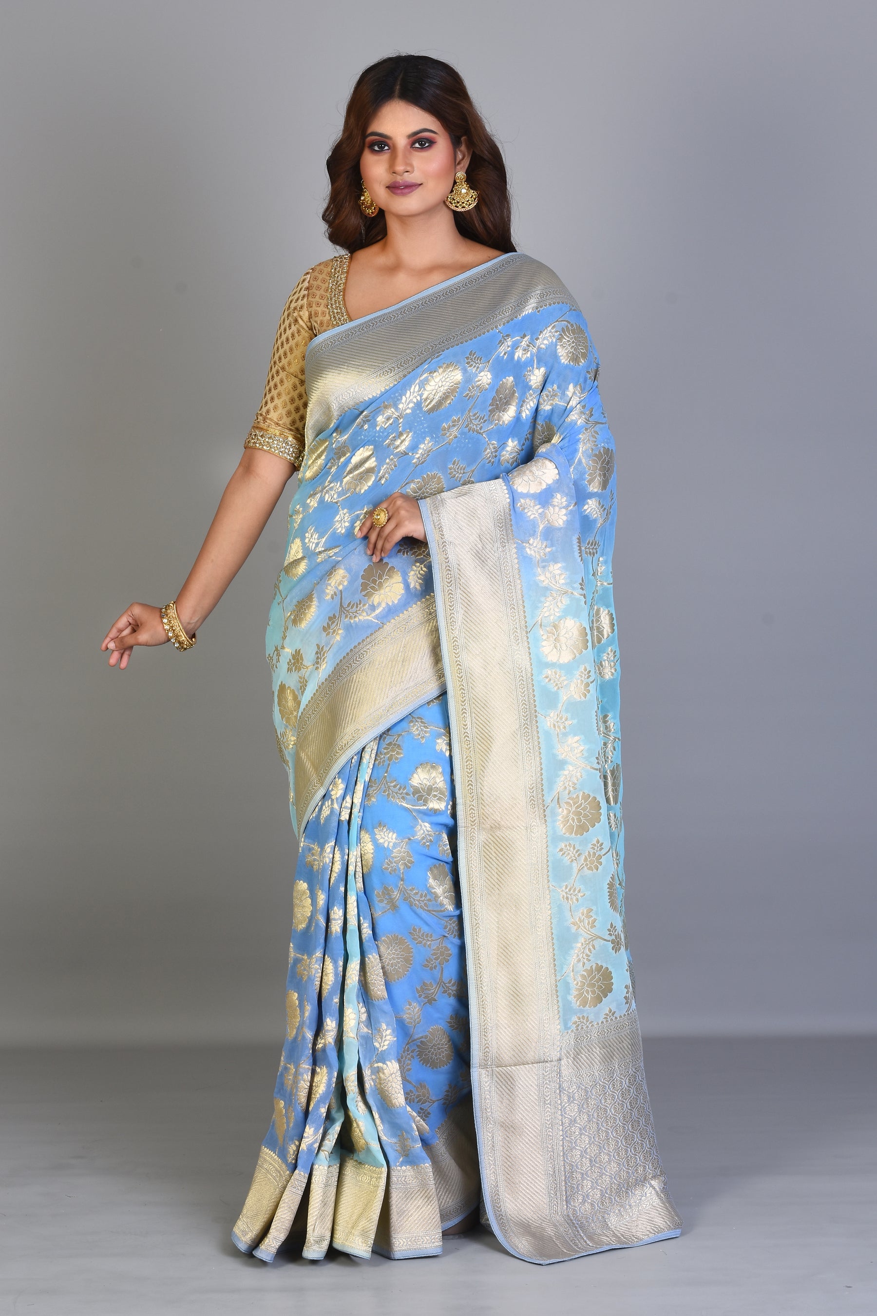 Designer Light Blue Georgette Khaddi Saree with Jal Work - Keya Seth Exclusive