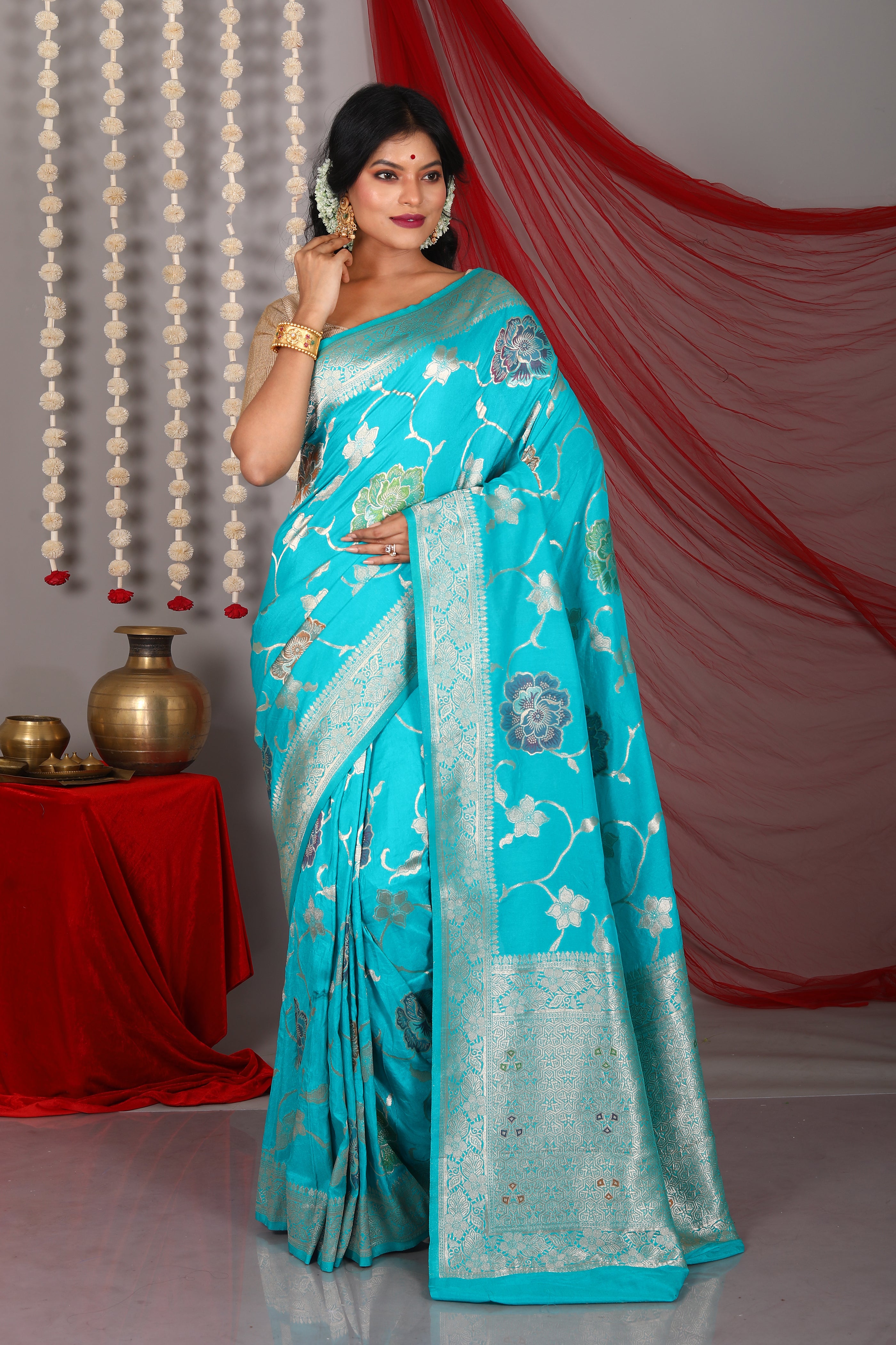 Blue Bloended Floral Khaddi Saree - Keya Seth Exclusive