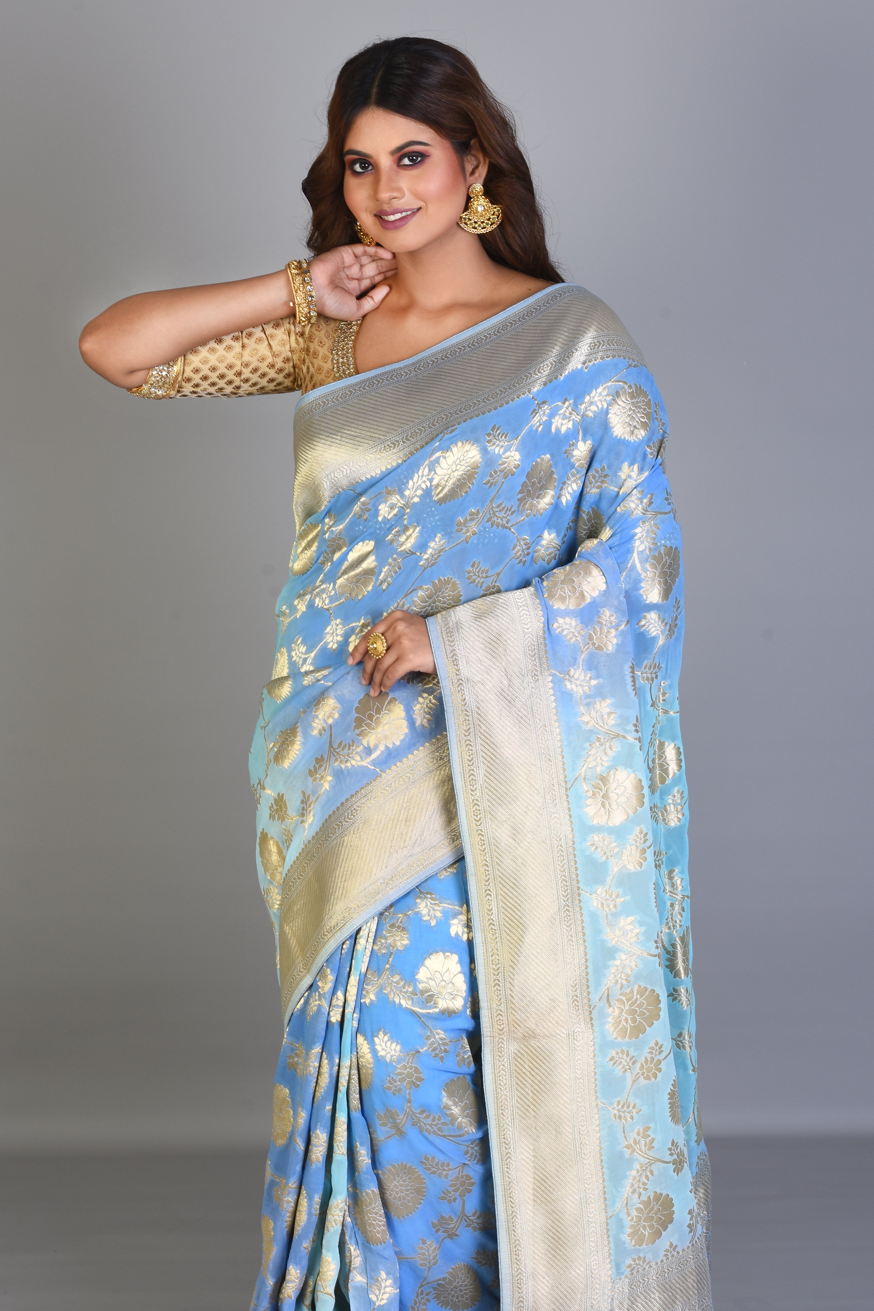 Designer Light Blue Georgette Khaddi Saree with Jal Work - Keya Seth Exclusive