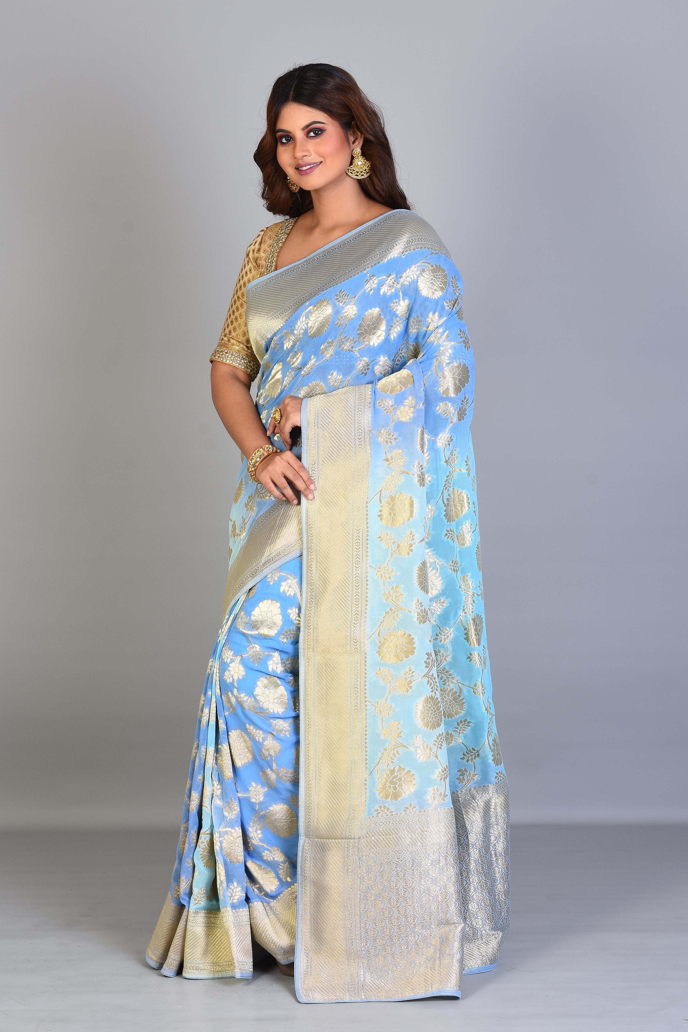 Designer Light Blue Georgette Khaddi Saree with Jal Work - Keya Seth Exclusive