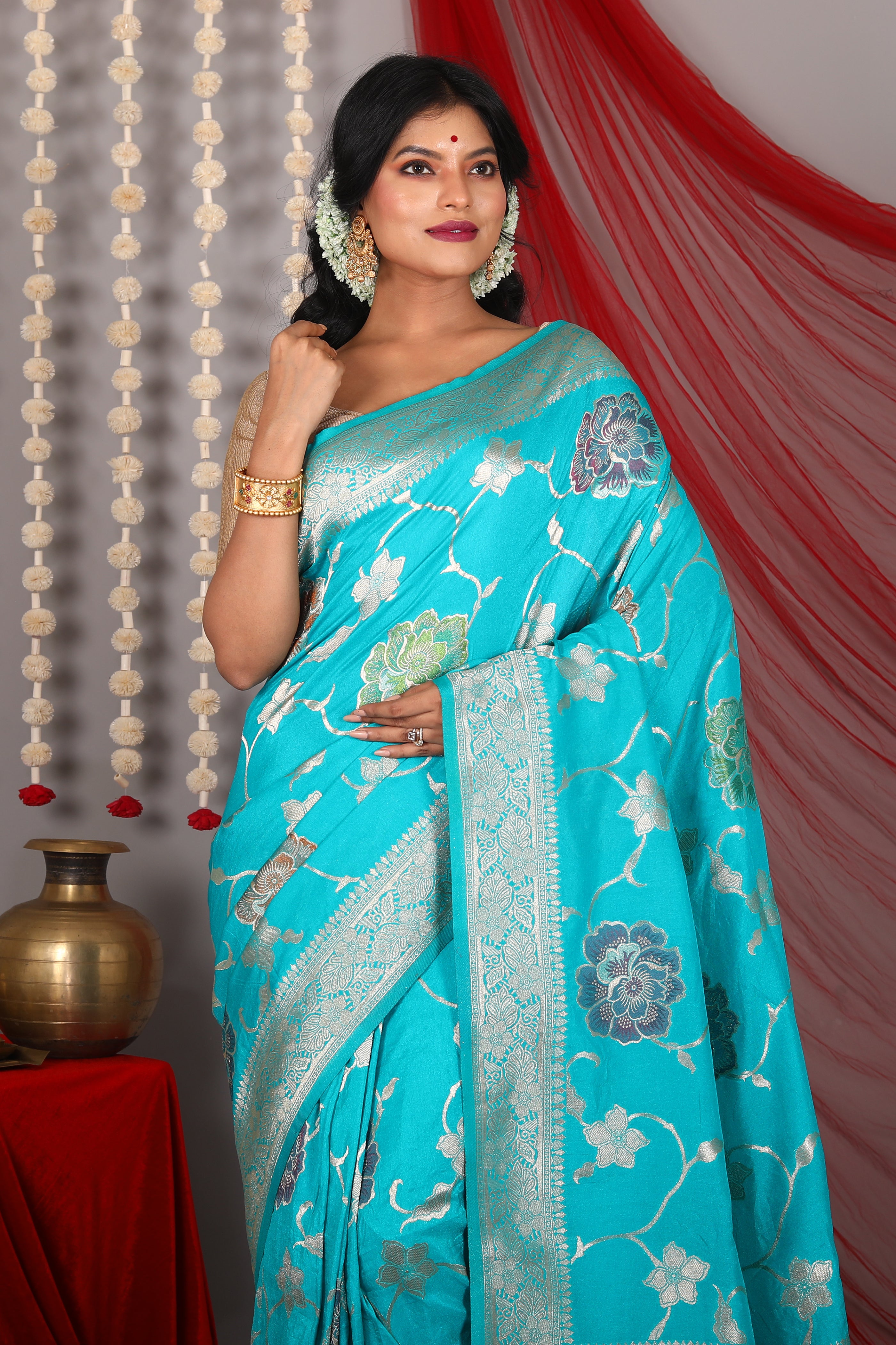 Blue Bloended Floral Khaddi Saree - Keya Seth Exclusive
