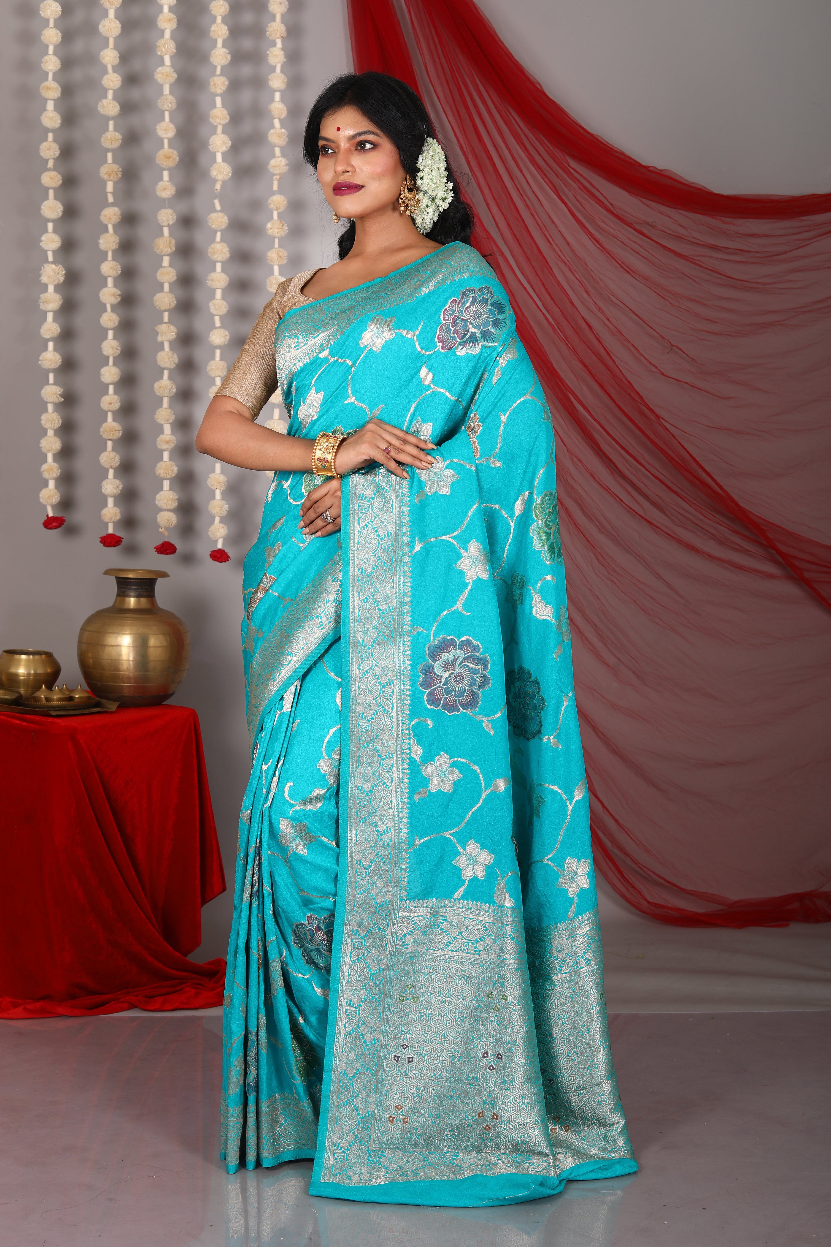 Blue Bloended Floral Khaddi Saree - Keya Seth Exclusive