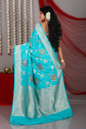 Blue Bloended Floral Khaddi Saree - Keya Seth Exclusive