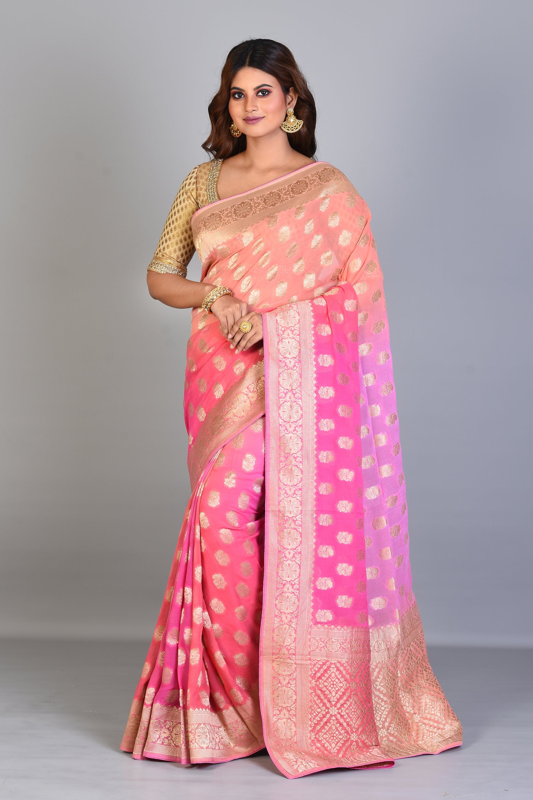 Designer Peachy Pink Georgette Khaddi Saree with Jal Work - Keya Seth Exclusive