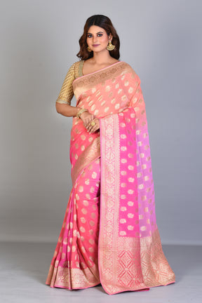 Designer Peachy Pink Georgette Khaddi Saree with Jal Work - Keya Seth Exclusive