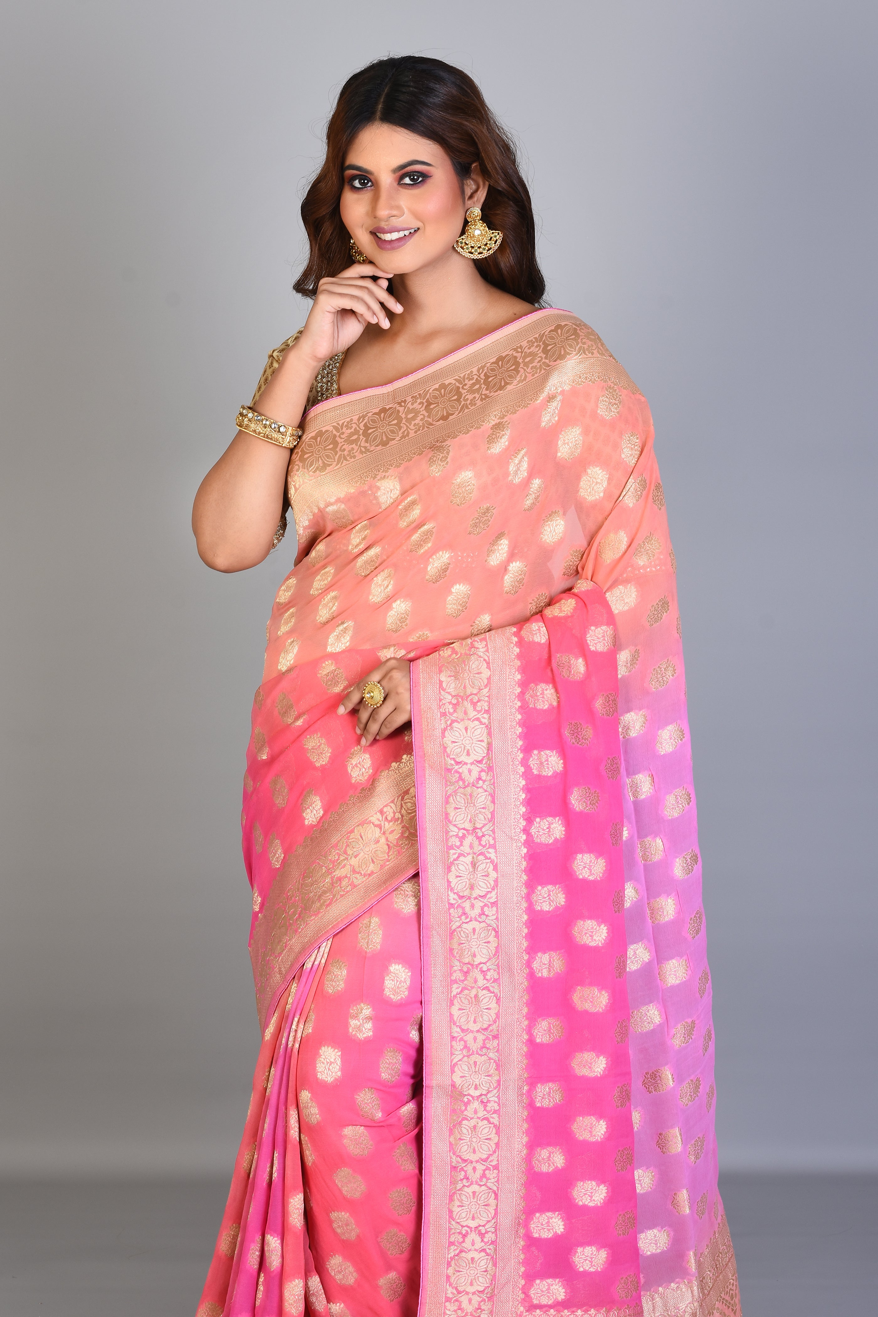 Designer Peachy Pink Georgette Khaddi Saree with Jal Work - Keya Seth Exclusive